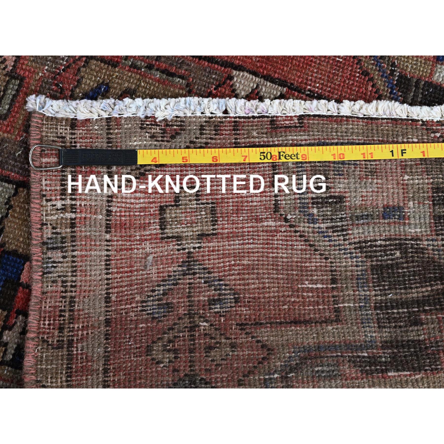 3'1"x8' Blush Red, Vintage Persian Heriz with Animal Figurines, Geometric Medallions Design, Cropped Thin, Zero Pile, Sides and Ends Professionally Secured, Hand Knotted, Pure Wool, Runner, Oriental Rug Sh789