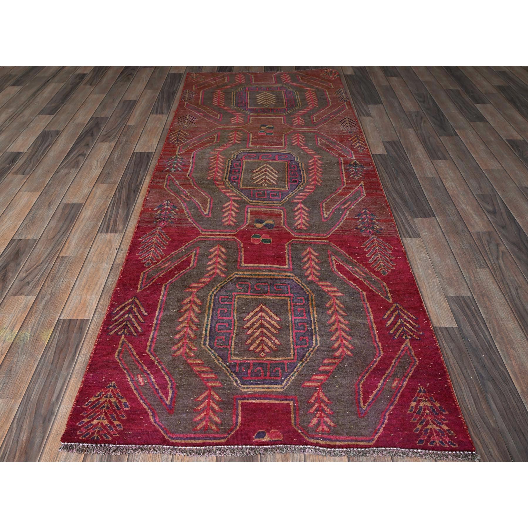 3'x7'7" Carmine Red, Overdyed Semi Antique Northwest Persian with Geometric Pattern, 100% Wool, Hand Knotted, Cropped Thin, Even Wear, Zero Pile, Sides and Ends Professionally Secured, Wide Runner, Oriental Rug Sh790