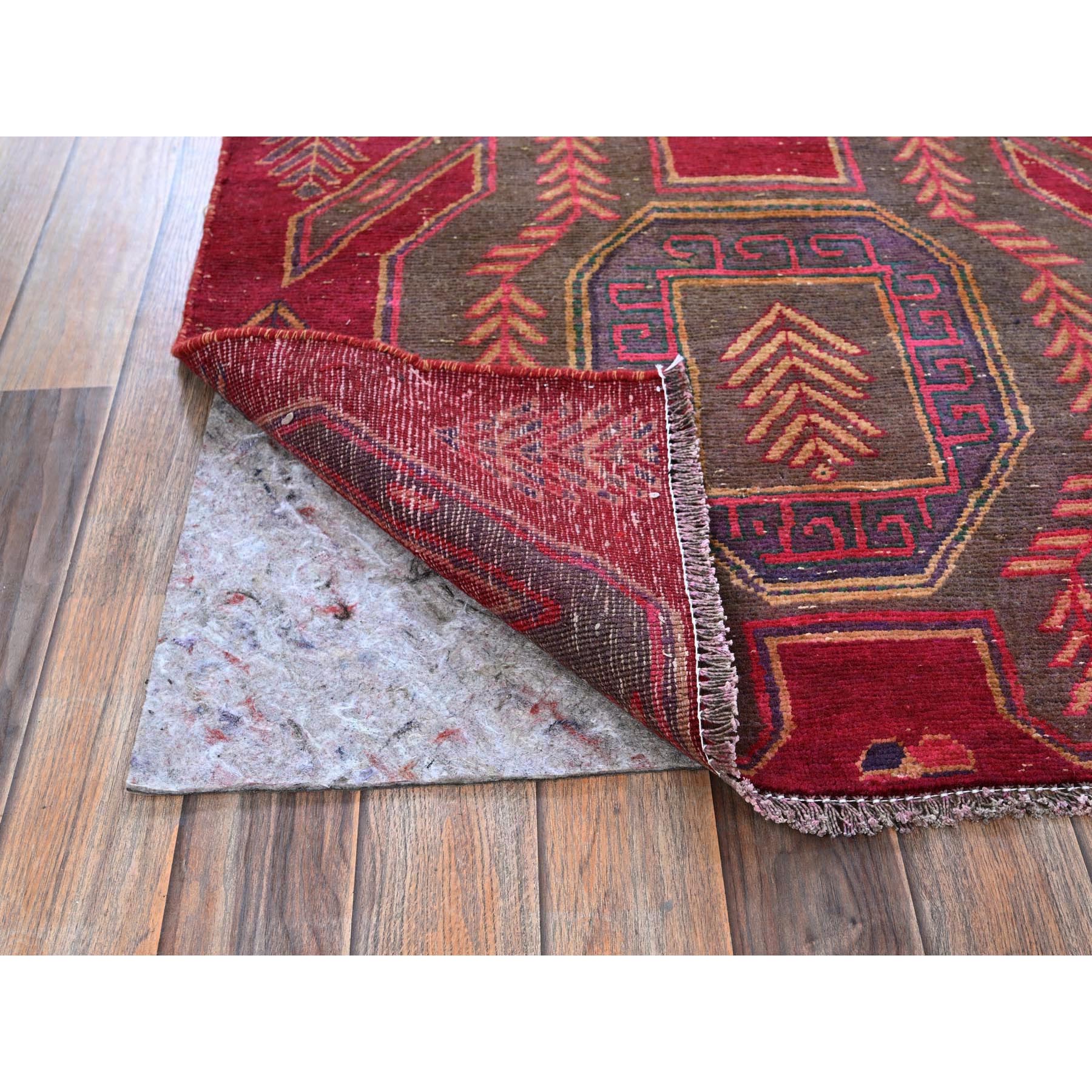 3'x7'7" Carmine Red, Overdyed Semi Antique Northwest Persian with Geometric Pattern, 100% Wool, Hand Knotted, Cropped Thin, Even Wear, Zero Pile, Sides and Ends Professionally Secured, Wide Runner, Oriental Rug Sh790