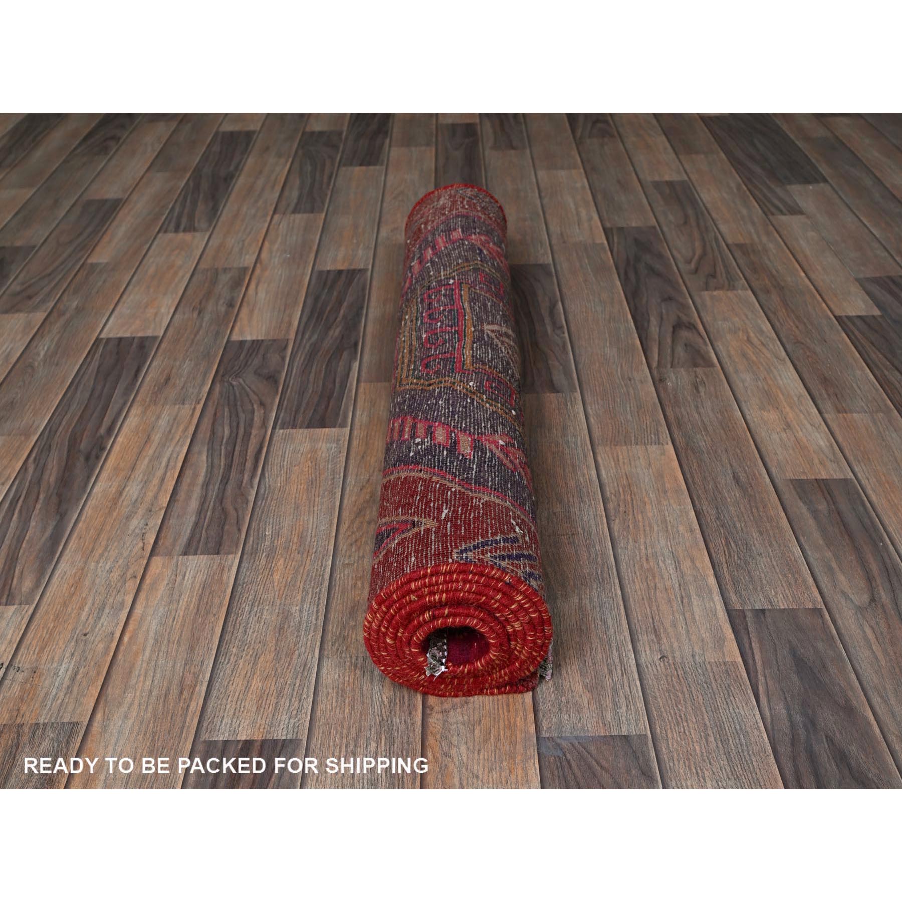 3'x7'7" Carmine Red, Overdyed Semi Antique Northwest Persian with Geometric Pattern, 100% Wool, Hand Knotted, Cropped Thin, Even Wear, Zero Pile, Sides and Ends Professionally Secured, Wide Runner, Oriental Rug Sh790