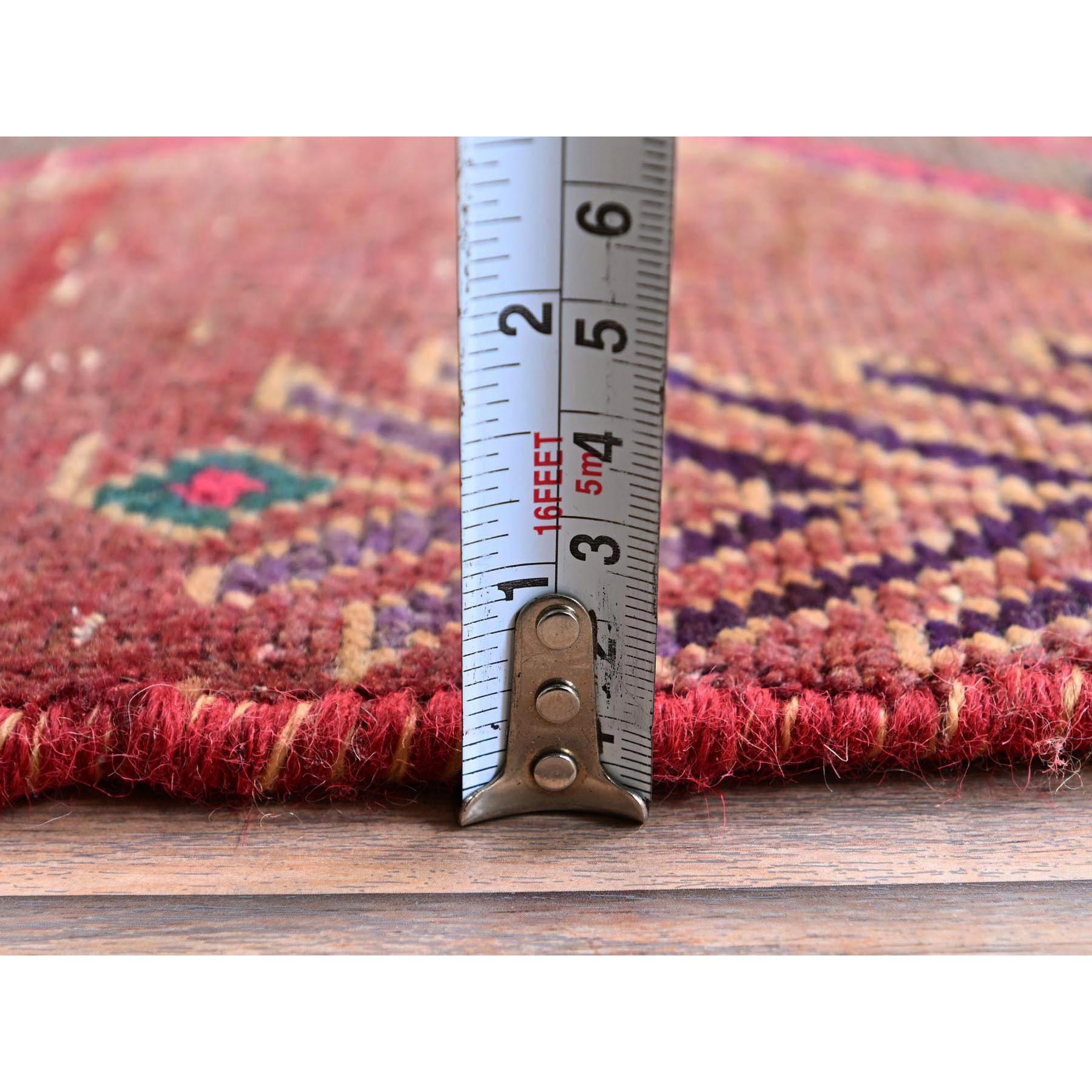 3'x7'7" Carmine Red, Overdyed Semi Antique Northwest Persian with Geometric Pattern, 100% Wool, Hand Knotted, Cropped Thin, Even Wear, Zero Pile, Sides and Ends Professionally Secured, Wide Runner, Oriental Rug Sh790