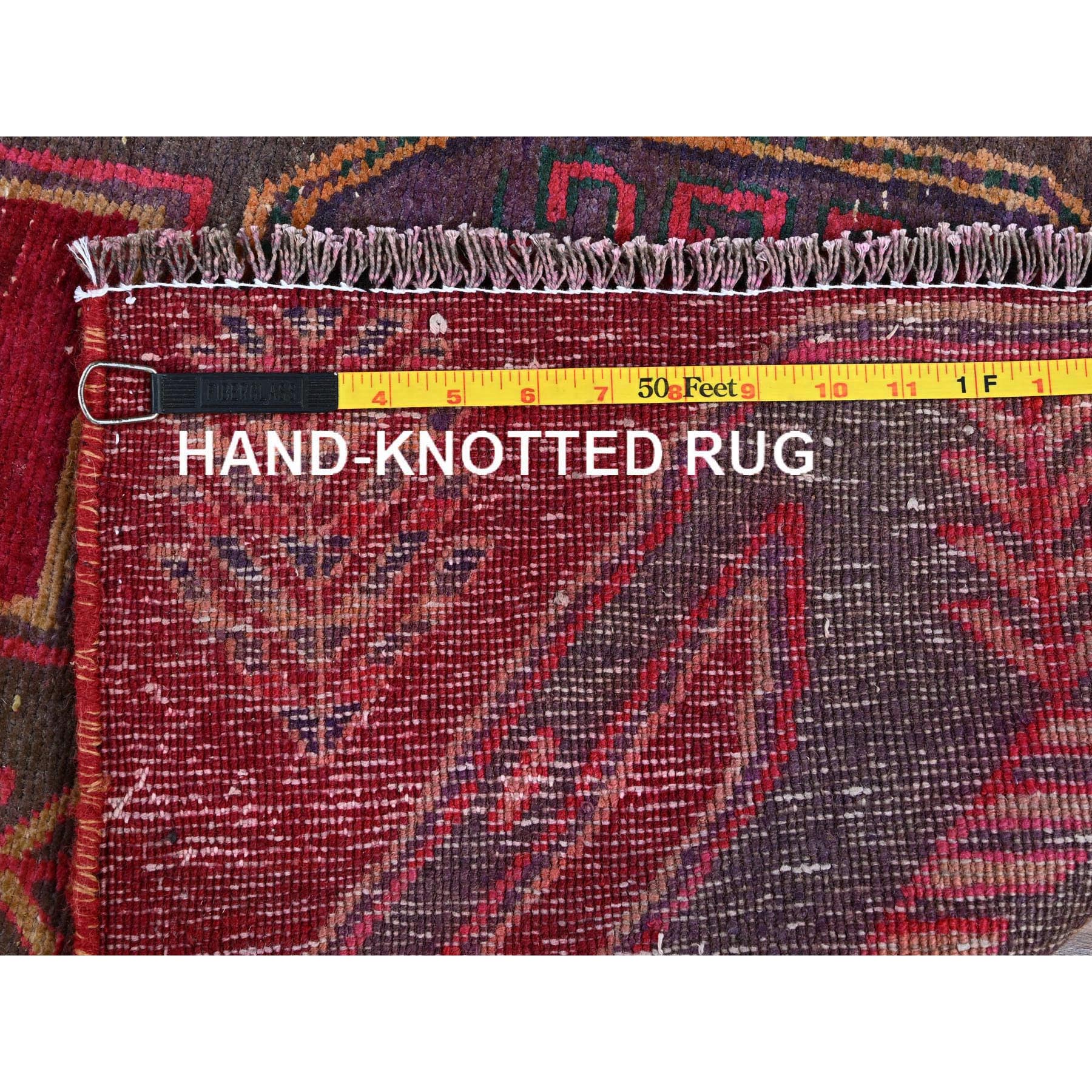 3'x7'7" Carmine Red, Overdyed Semi Antique Northwest Persian with Geometric Pattern, 100% Wool, Hand Knotted, Cropped Thin, Even Wear, Zero Pile, Sides and Ends Professionally Secured, Wide Runner, Oriental Rug Sh790