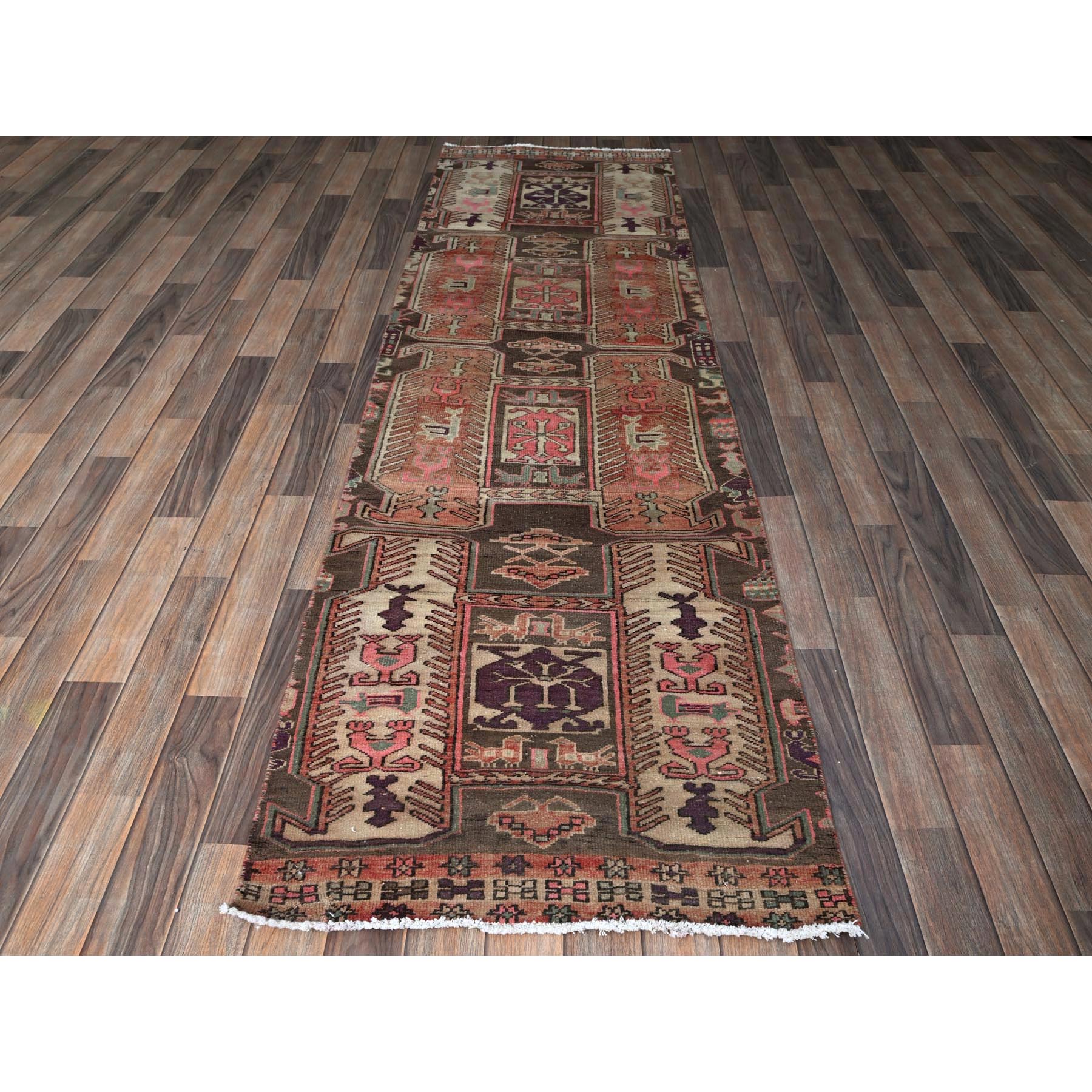 2'7"x9'1" Peach Color, Vintage Persian Heriz with Geometric Pattern, Cropped Thin, Zero Pile, Sides and Ends Professionally Secured, Hand Knotted, Pure Wool, Runner, Oriental Rug Sh791