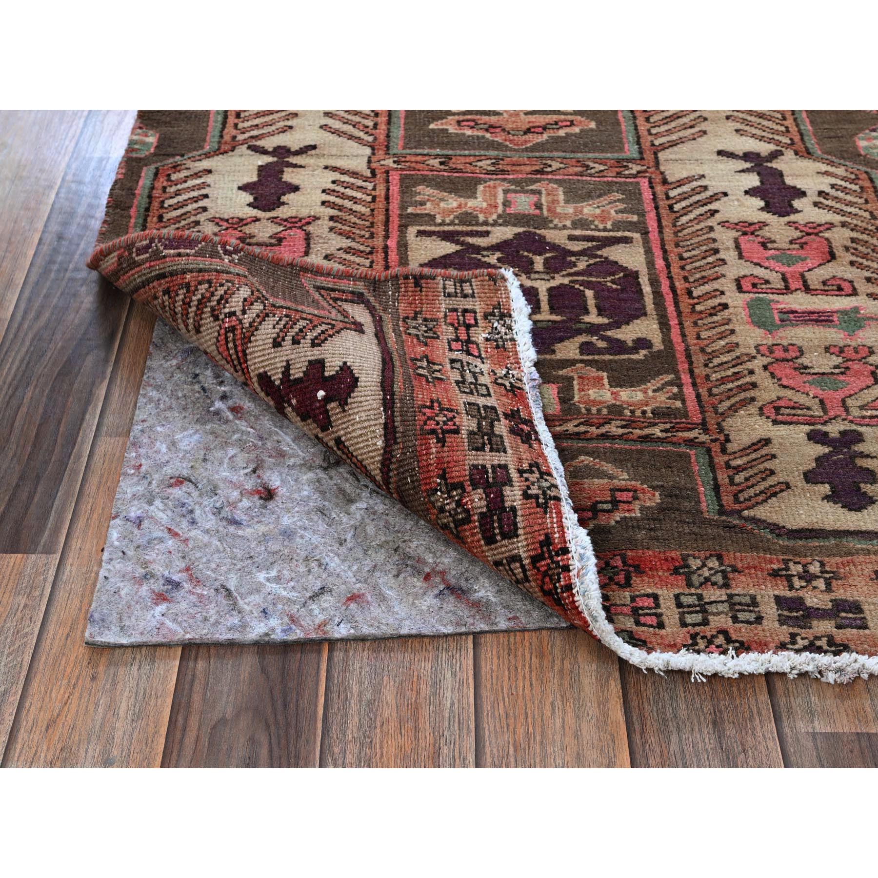 2'7"x9'1" Peach Color, Vintage Persian Heriz with Geometric Pattern, Cropped Thin, Zero Pile, Sides and Ends Professionally Secured, Hand Knotted, Pure Wool, Runner, Oriental Rug Sh791