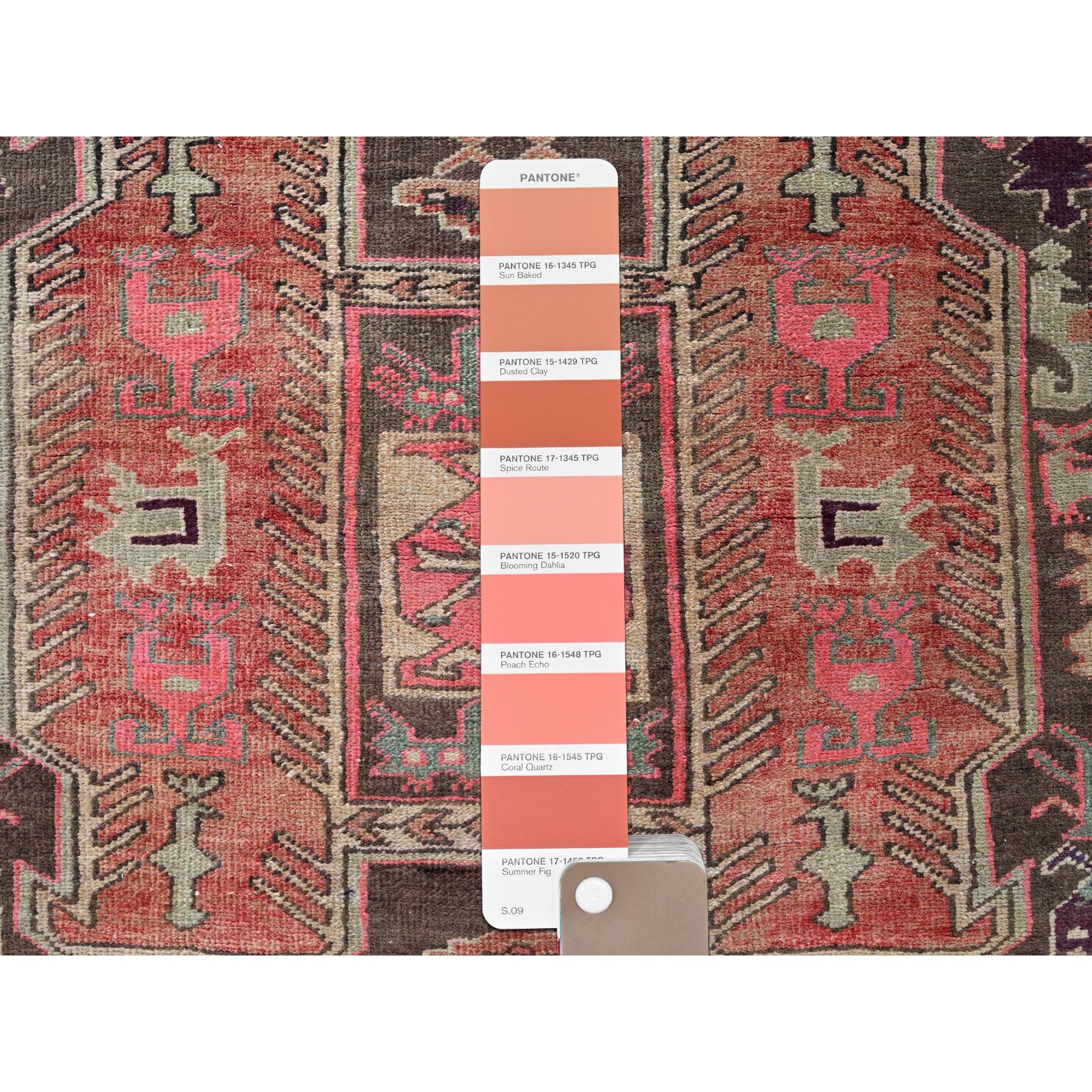 2'7"x9'1" Peach Color, Vintage Persian Heriz with Geometric Pattern, Cropped Thin, Zero Pile, Sides and Ends Professionally Secured, Hand Knotted, Pure Wool, Runner, Oriental Rug Sh791