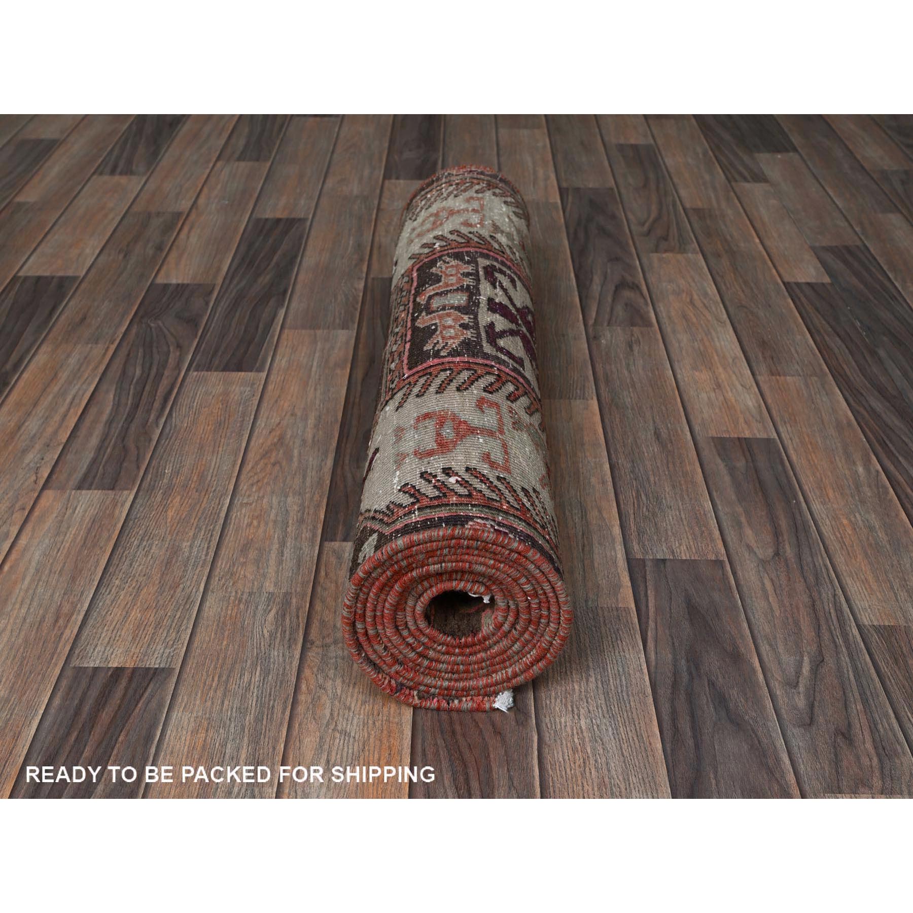 2'7"x9'1" Peach Color, Vintage Persian Heriz with Geometric Pattern, Cropped Thin, Zero Pile, Sides and Ends Professionally Secured, Hand Knotted, Pure Wool, Runner, Oriental Rug Sh791