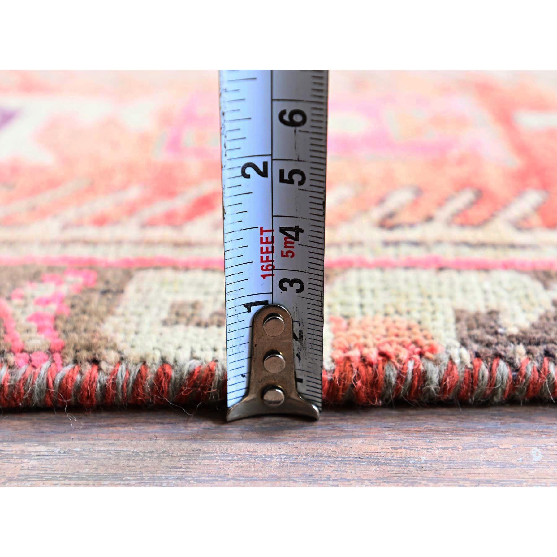 2'7"x9'1" Peach Color, Vintage Persian Heriz with Geometric Pattern, Cropped Thin, Zero Pile, Sides and Ends Professionally Secured, Hand Knotted, Pure Wool, Runner, Oriental Rug Sh791