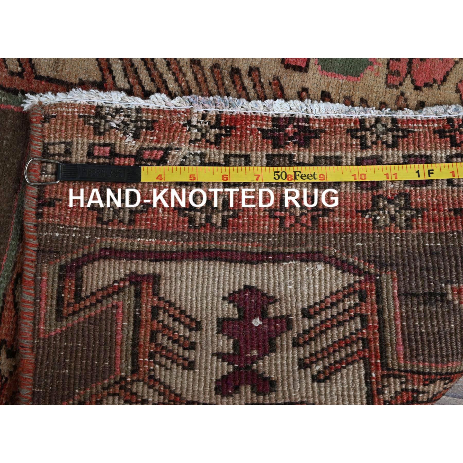 2'7"x9'1" Peach Color, Vintage Persian Heriz with Geometric Pattern, Cropped Thin, Zero Pile, Sides and Ends Professionally Secured, Hand Knotted, Pure Wool, Runner, Oriental Rug Sh791