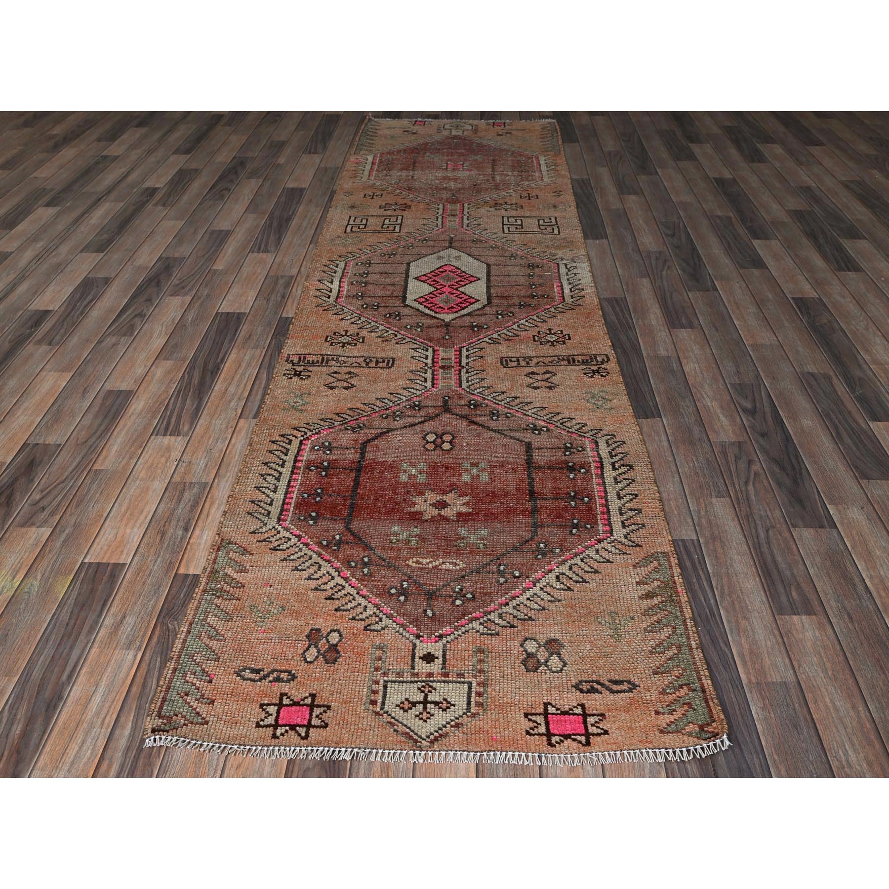 3'x10'5" Cantaloupe Orange, Vintage Persian Village with Geometric Pattern, Cropped Thin, Zero Pile, Sides and Ends Professionally Secured, Hand Knotted, Pure Wool, Runner, Oriental Rug Sh792