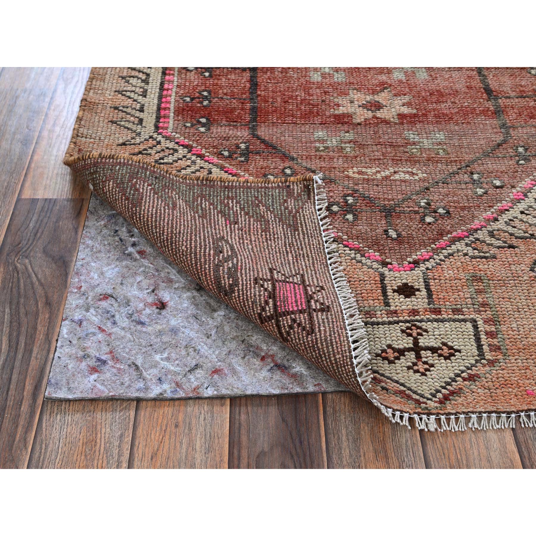 3'x10'5" Cantaloupe Orange, Vintage Persian Village with Geometric Pattern, Cropped Thin, Zero Pile, Sides and Ends Professionally Secured, Hand Knotted, Pure Wool, Runner, Oriental Rug Sh792