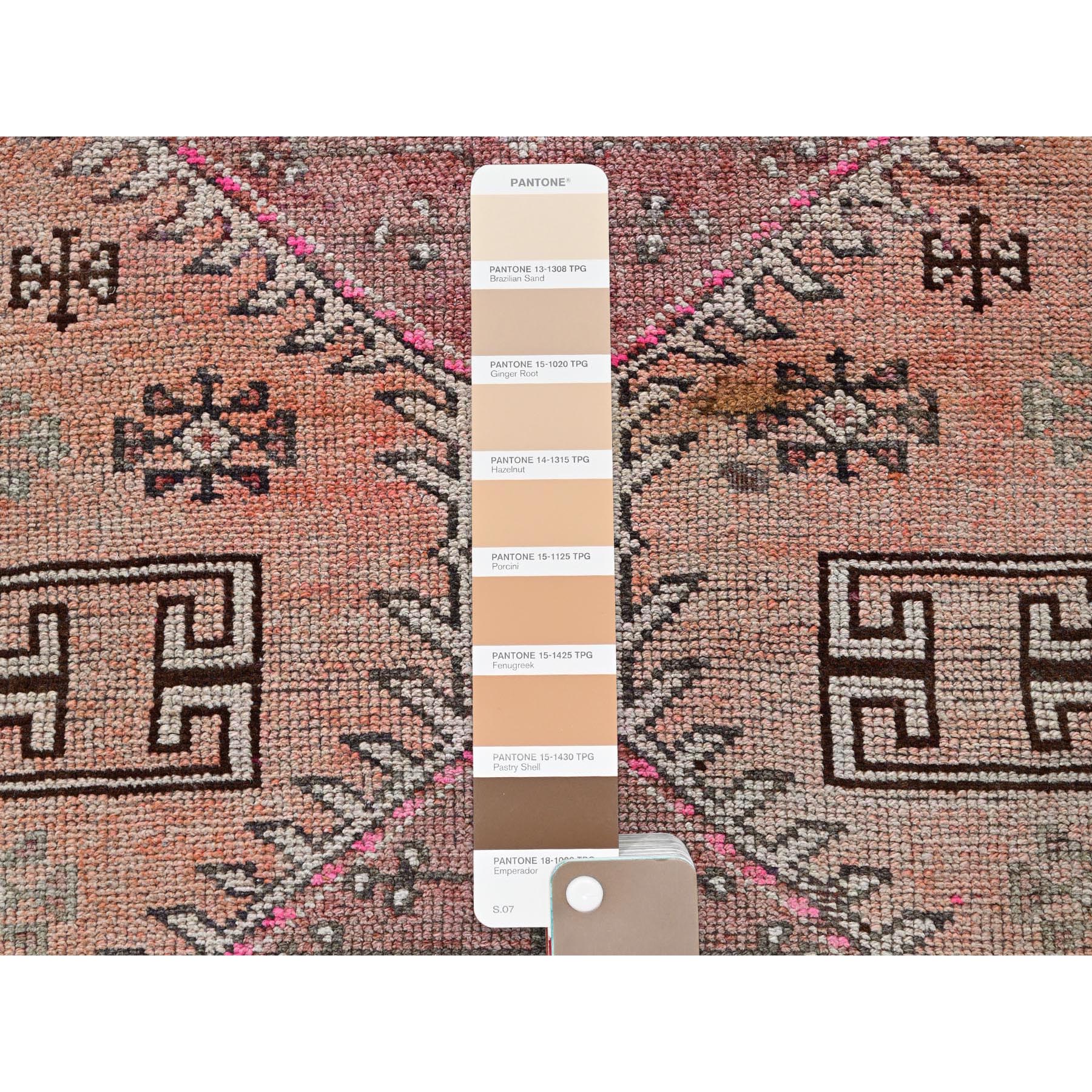 3'x10'5" Cantaloupe Orange, Vintage Persian Village with Geometric Pattern, Cropped Thin, Zero Pile, Sides and Ends Professionally Secured, Hand Knotted, Pure Wool, Runner, Oriental Rug Sh792