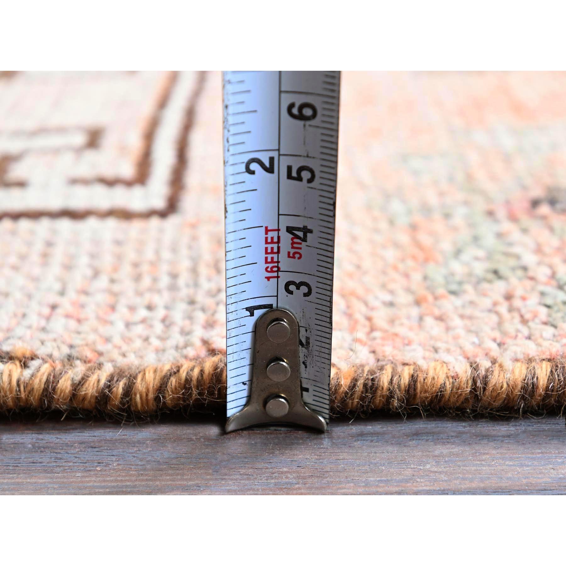 3'x10'5" Cantaloupe Orange, Vintage Persian Village with Geometric Pattern, Cropped Thin, Zero Pile, Sides and Ends Professionally Secured, Hand Knotted, Pure Wool, Runner, Oriental Rug Sh792
