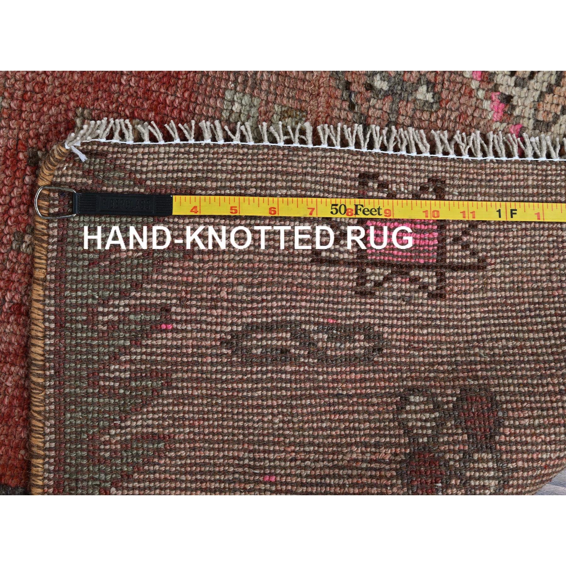 3'x10'5" Cantaloupe Orange, Vintage Persian Village with Geometric Pattern, Cropped Thin, Zero Pile, Sides and Ends Professionally Secured, Hand Knotted, Pure Wool, Runner, Oriental Rug Sh792
