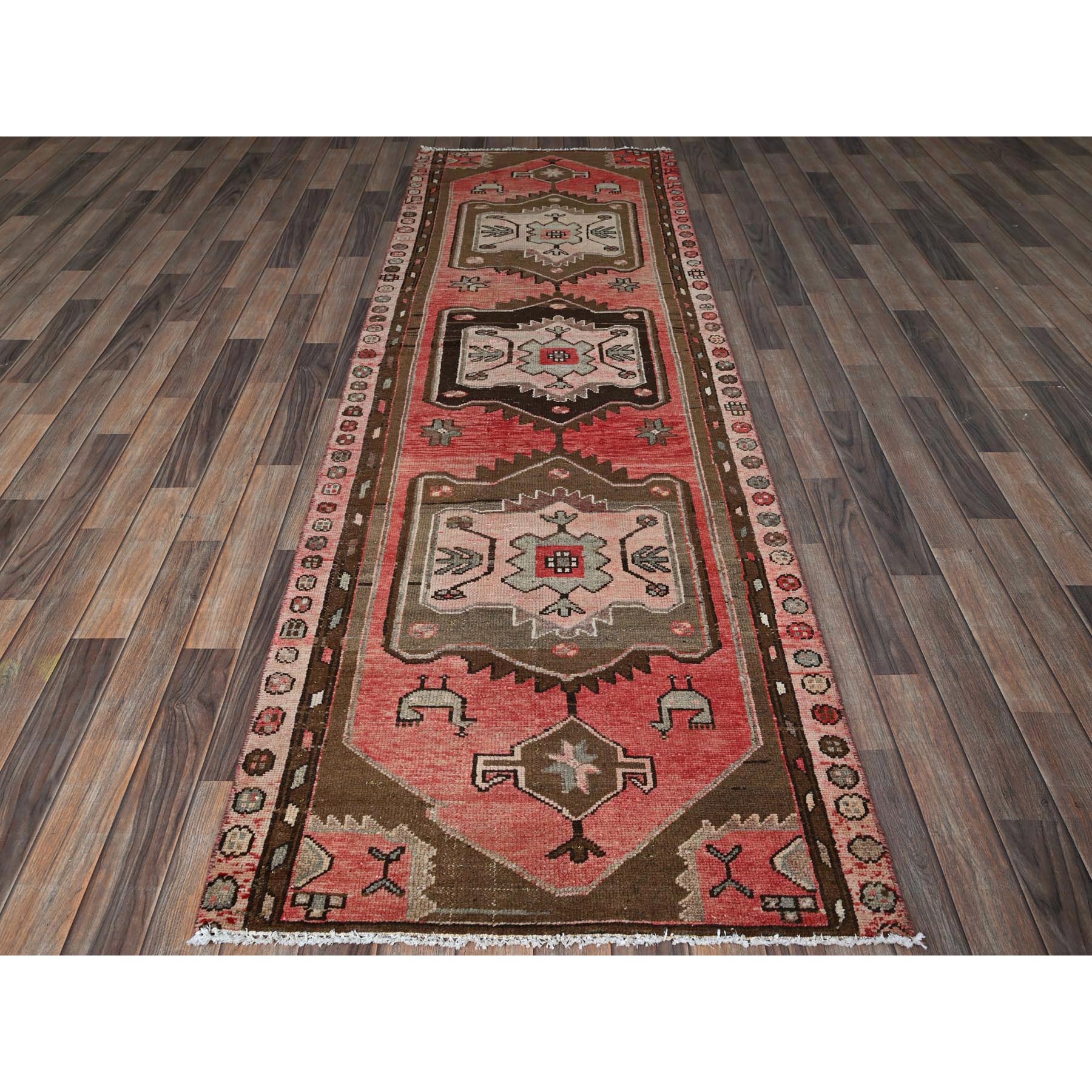 3'x9'2" Coral Red, Semi Antique Persian Bakhtiar with Bird Figurines, Geometric Medallions Design, Hand Knotted, Pure Wool, Shaved Low, Zero Pile, Sides and Ends Professionally Secured, Clean, Runner, Oriental Rug Sh793