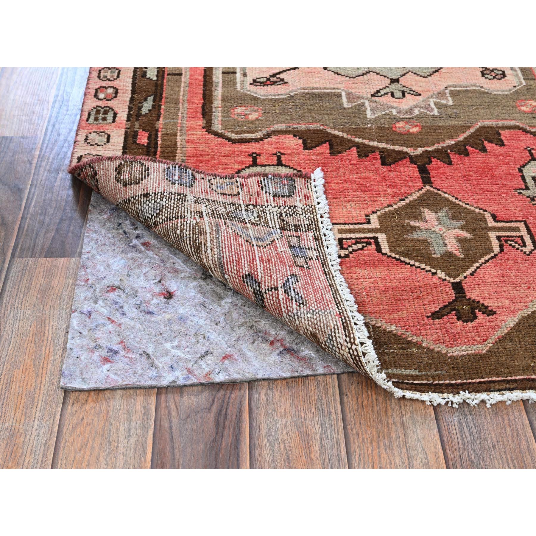 3'x9'2" Coral Red, Semi Antique Persian Bakhtiar with Bird Figurines, Geometric Medallions Design, Hand Knotted, Pure Wool, Shaved Low, Zero Pile, Sides and Ends Professionally Secured, Clean, Runner, Oriental Rug Sh793