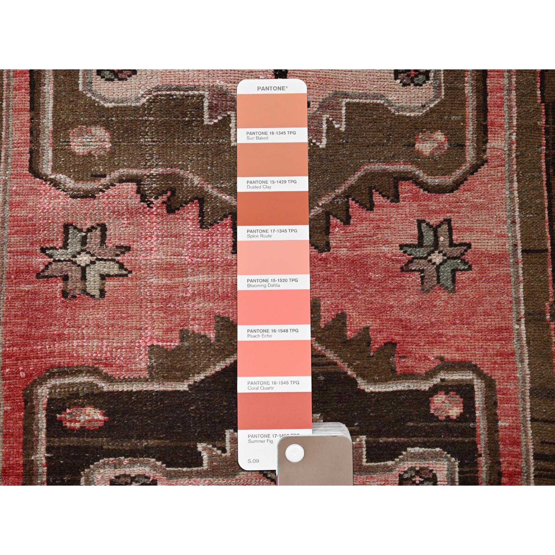 3'x9'2" Coral Red, Semi Antique Persian Bakhtiar with Bird Figurines, Geometric Medallions Design, Hand Knotted, Pure Wool, Shaved Low, Zero Pile, Sides and Ends Professionally Secured, Clean, Runner, Oriental Rug Sh793