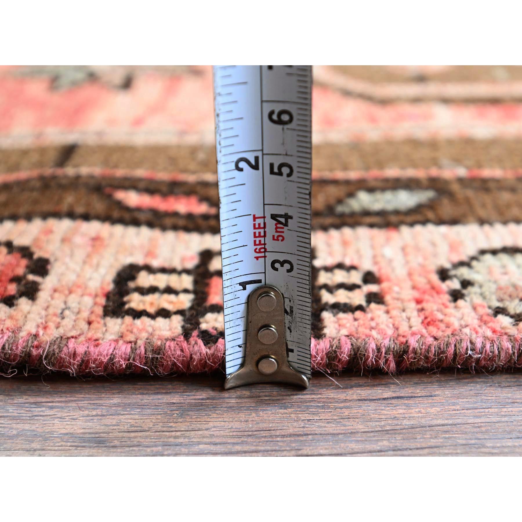 3'x9'2" Coral Red, Semi Antique Persian Bakhtiar with Bird Figurines, Geometric Medallions Design, Hand Knotted, Pure Wool, Shaved Low, Zero Pile, Sides and Ends Professionally Secured, Clean, Runner, Oriental Rug Sh793