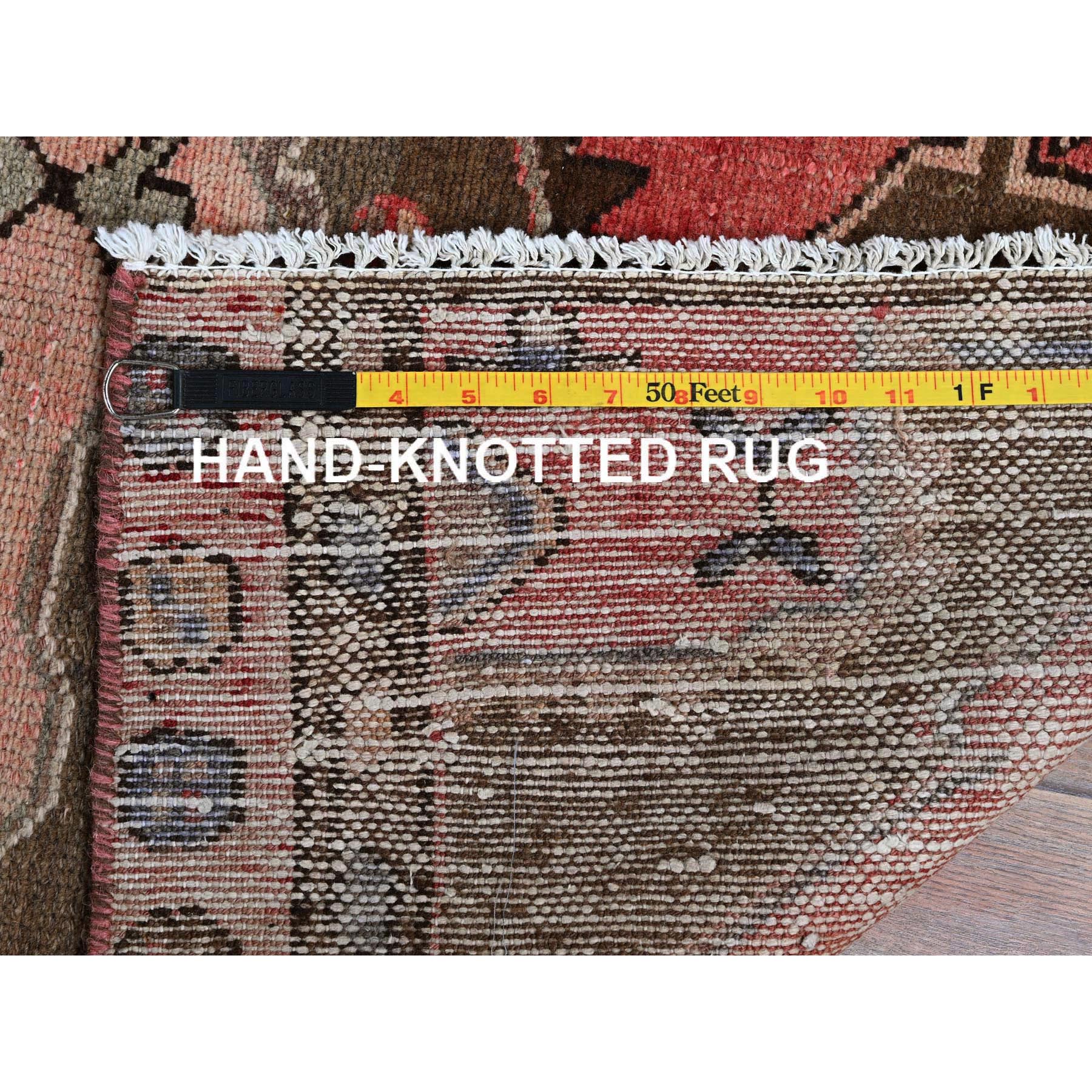 3'x9'2" Coral Red, Semi Antique Persian Bakhtiar with Bird Figurines, Geometric Medallions Design, Hand Knotted, Pure Wool, Shaved Low, Zero Pile, Sides and Ends Professionally Secured, Clean, Runner, Oriental Rug Sh793