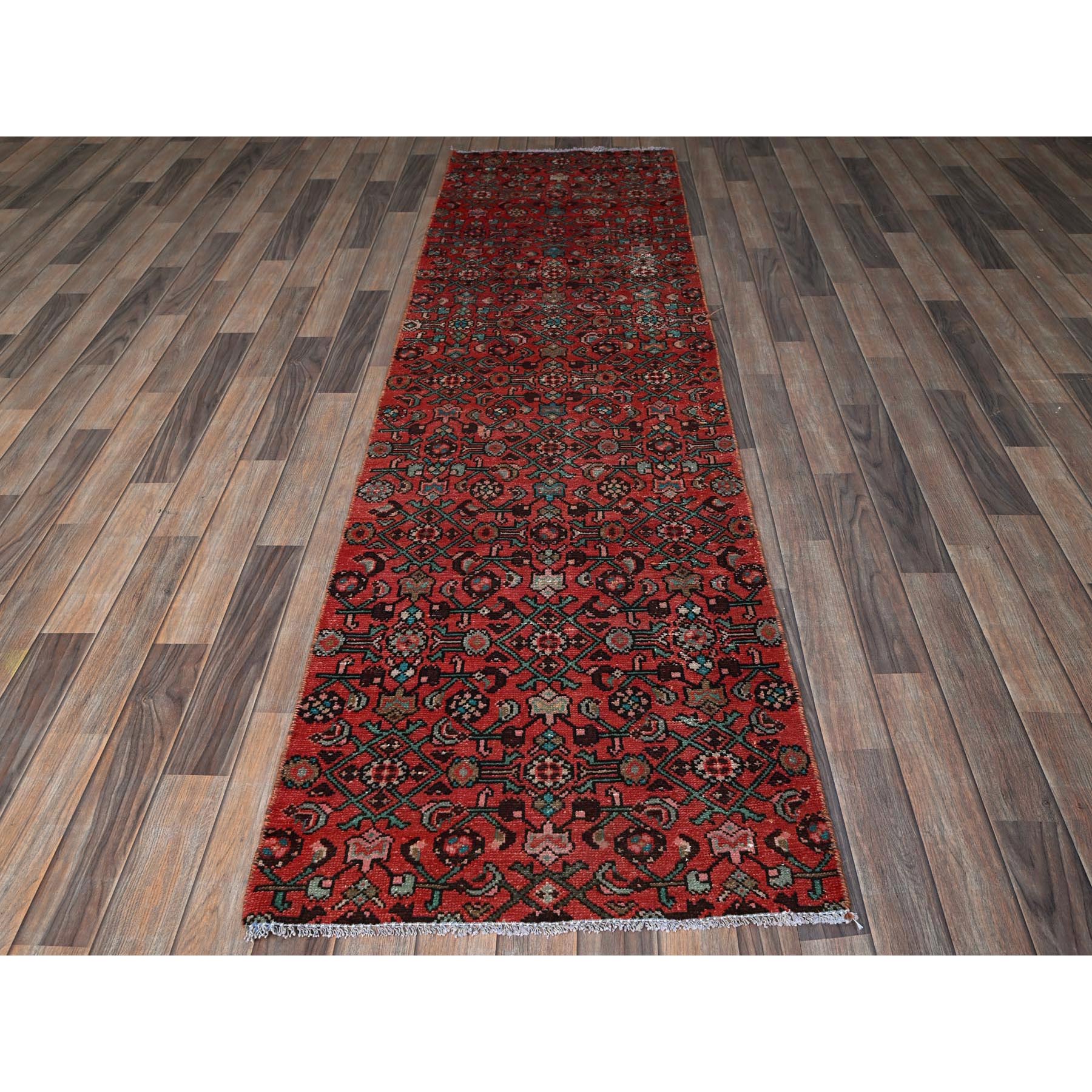 2'5"x8'8" Crimson Red, Vintage Persian Hussainabad with All Over Design, Cropped Thin, Zero Pile, Sides and Ends Professionally Secured, Hand Knotted, Pure Wool, Fragment, Runner, Oriental Rug Sh794