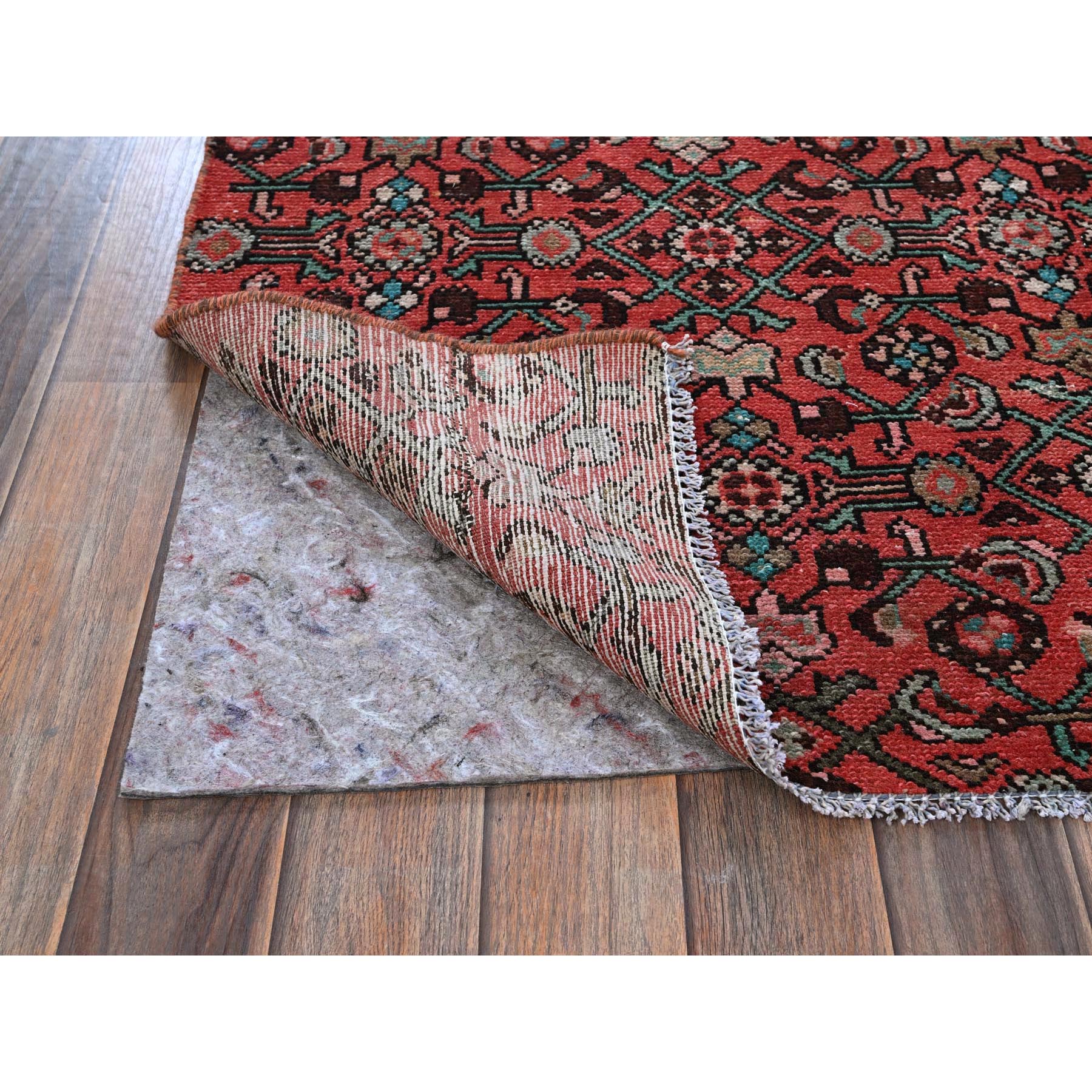 2'5"x8'8" Crimson Red, Vintage Persian Hussainabad with All Over Design, Cropped Thin, Zero Pile, Sides and Ends Professionally Secured, Hand Knotted, Pure Wool, Fragment, Runner, Oriental Rug Sh794