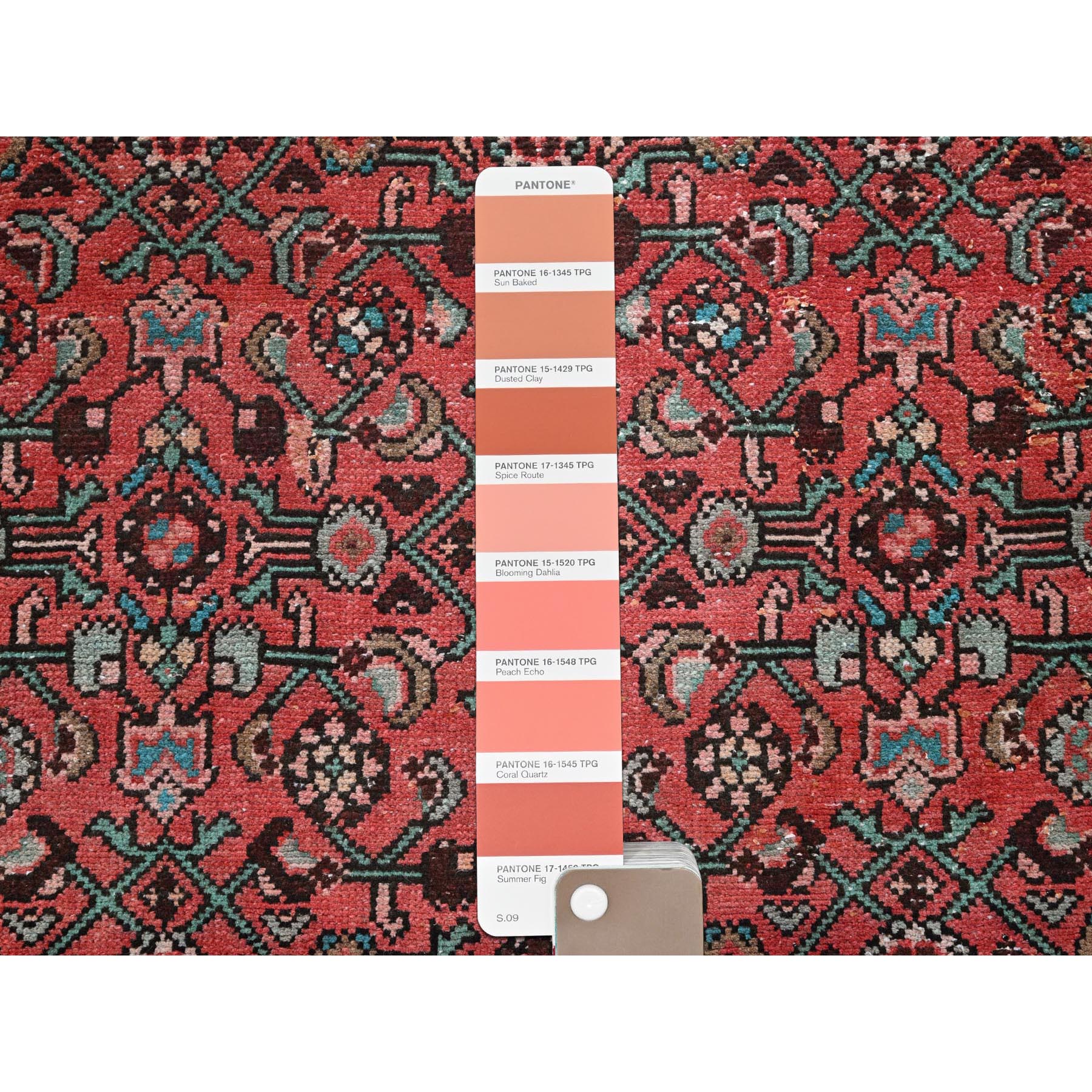2'5"x8'8" Crimson Red, Vintage Persian Hussainabad with All Over Design, Cropped Thin, Zero Pile, Sides and Ends Professionally Secured, Hand Knotted, Pure Wool, Fragment, Runner, Oriental Rug Sh794