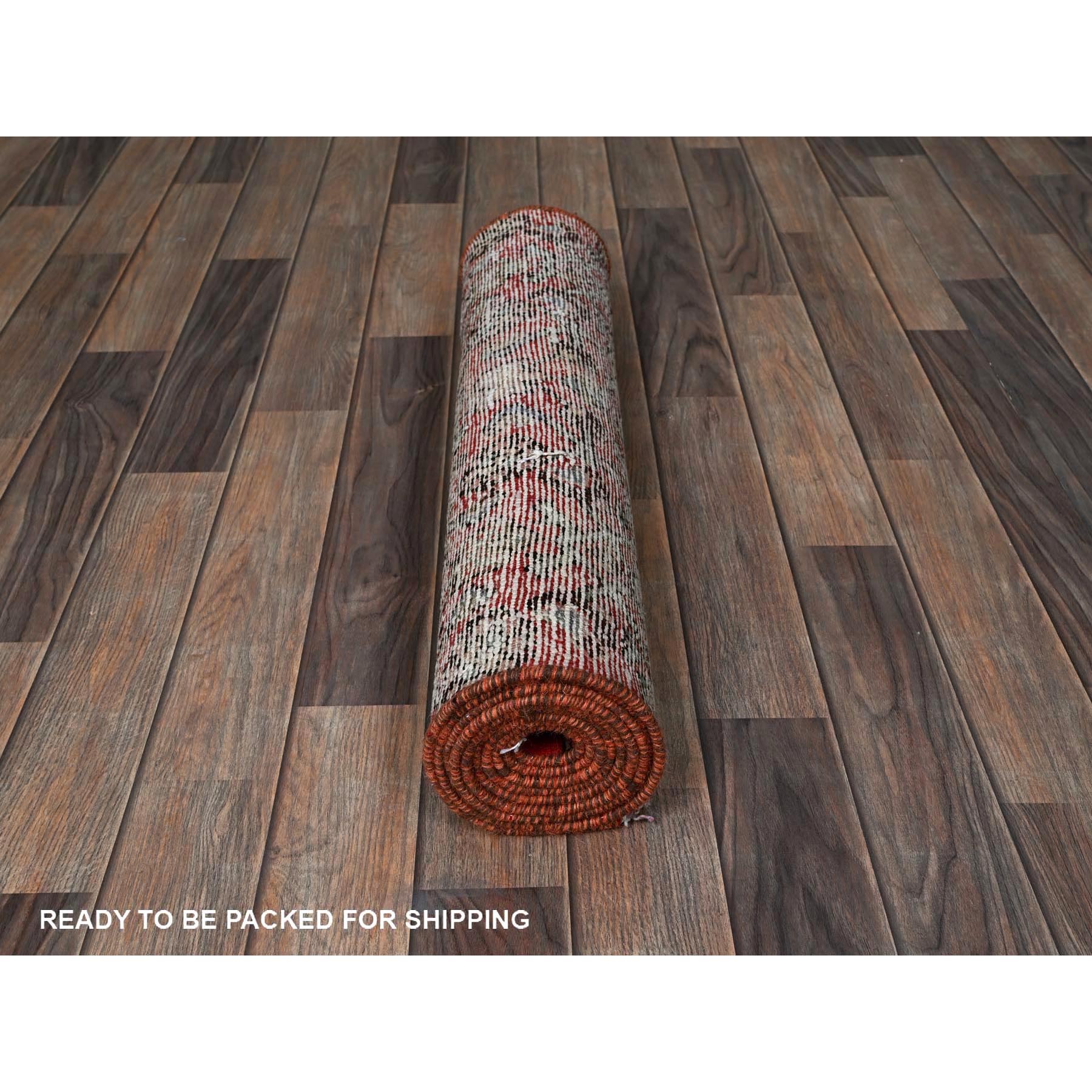 2'5"x8'8" Crimson Red, Vintage Persian Hussainabad with All Over Design, Cropped Thin, Zero Pile, Sides and Ends Professionally Secured, Hand Knotted, Pure Wool, Fragment, Runner, Oriental Rug Sh794