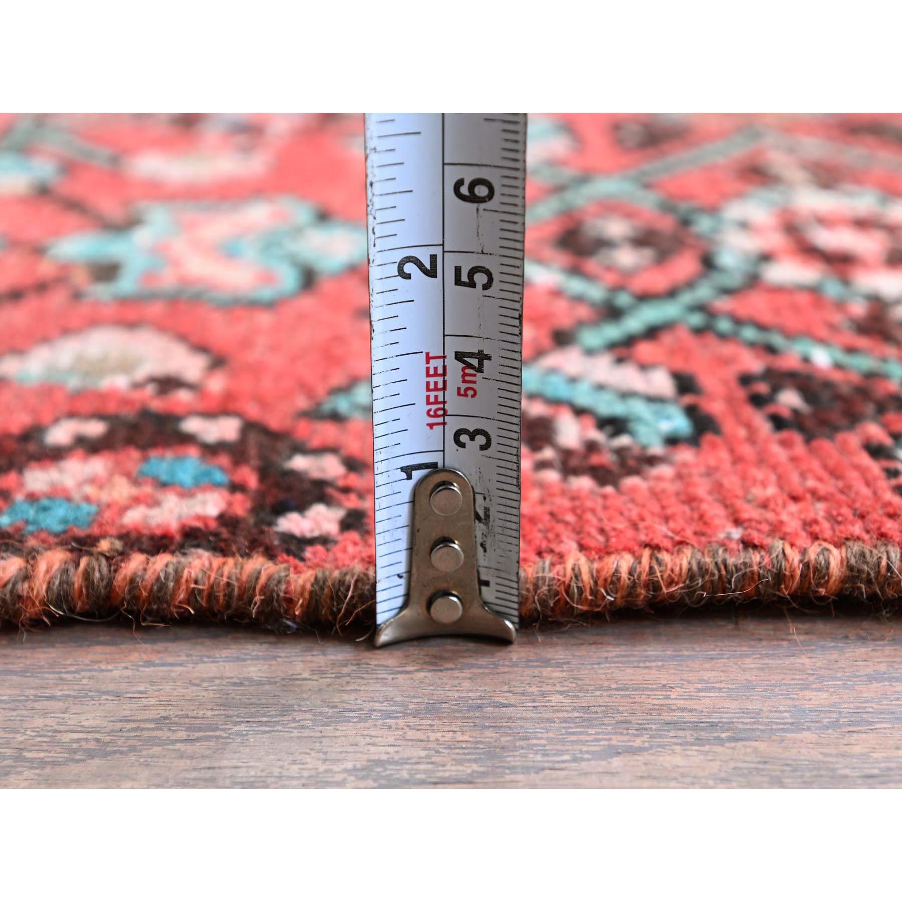 2'5"x8'8" Crimson Red, Vintage Persian Hussainabad with All Over Design, Cropped Thin, Zero Pile, Sides and Ends Professionally Secured, Hand Knotted, Pure Wool, Fragment, Runner, Oriental Rug Sh794