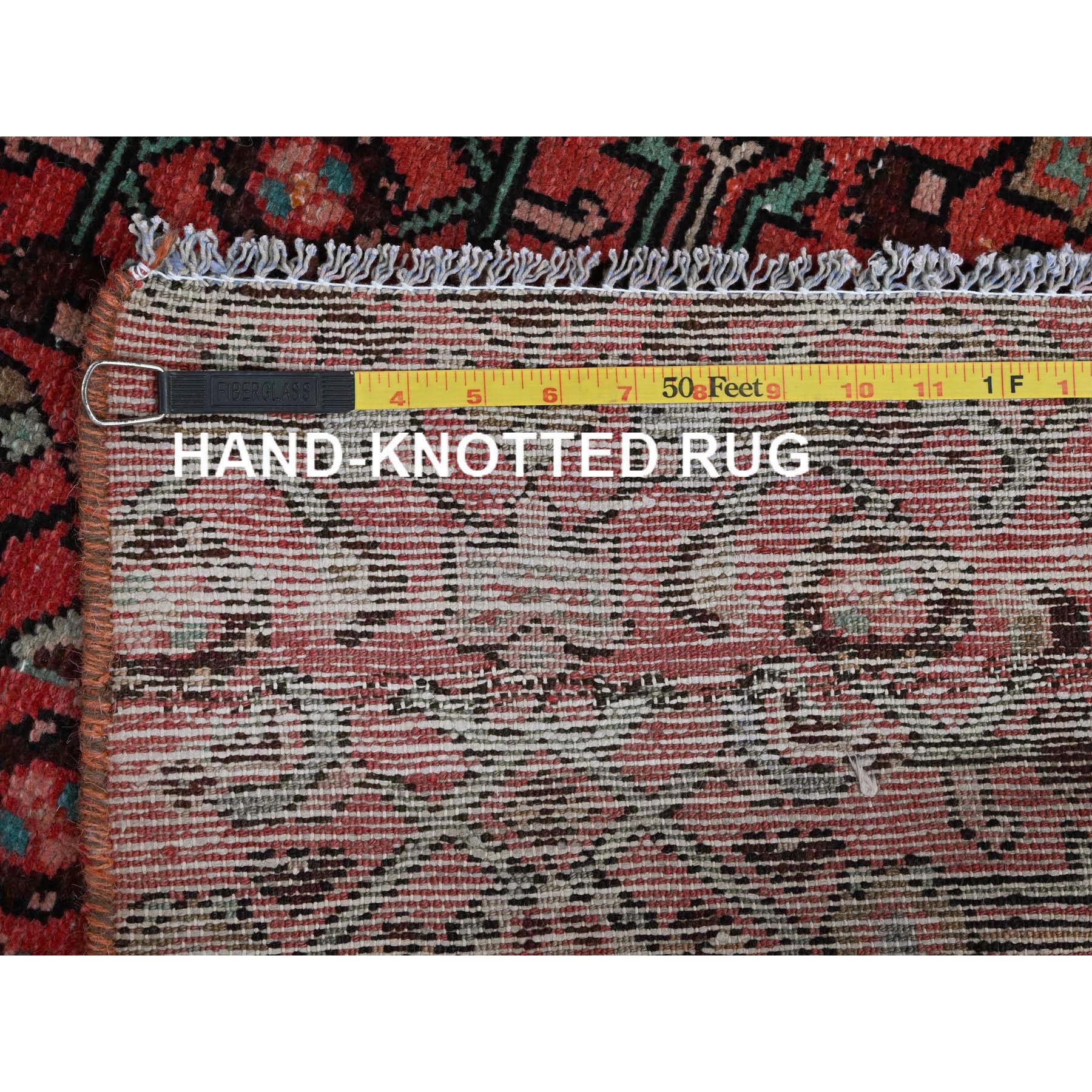 2'5"x8'8" Crimson Red, Vintage Persian Hussainabad with All Over Design, Cropped Thin, Zero Pile, Sides and Ends Professionally Secured, Hand Knotted, Pure Wool, Fragment, Runner, Oriental Rug Sh794