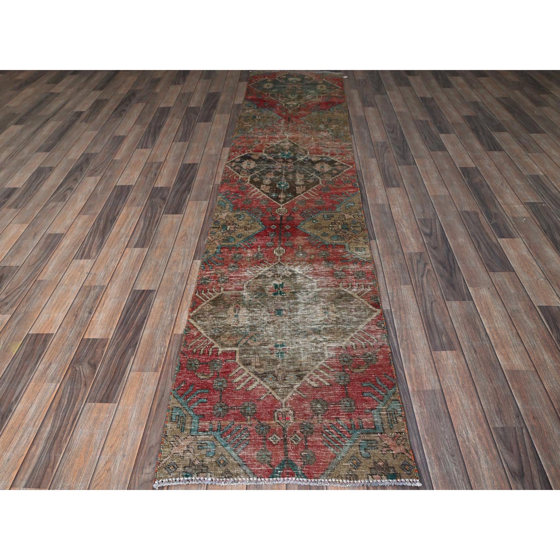 2'2"x9'9" Blush Red, Worn and Distressed, Shabby Chic, Vintage Northwest Persian with Geometric Pattern, Hand Knotted, 100% Wool, Sides and Ends Professionally Secured, Narrow Runner, Oriental Rug Sh795