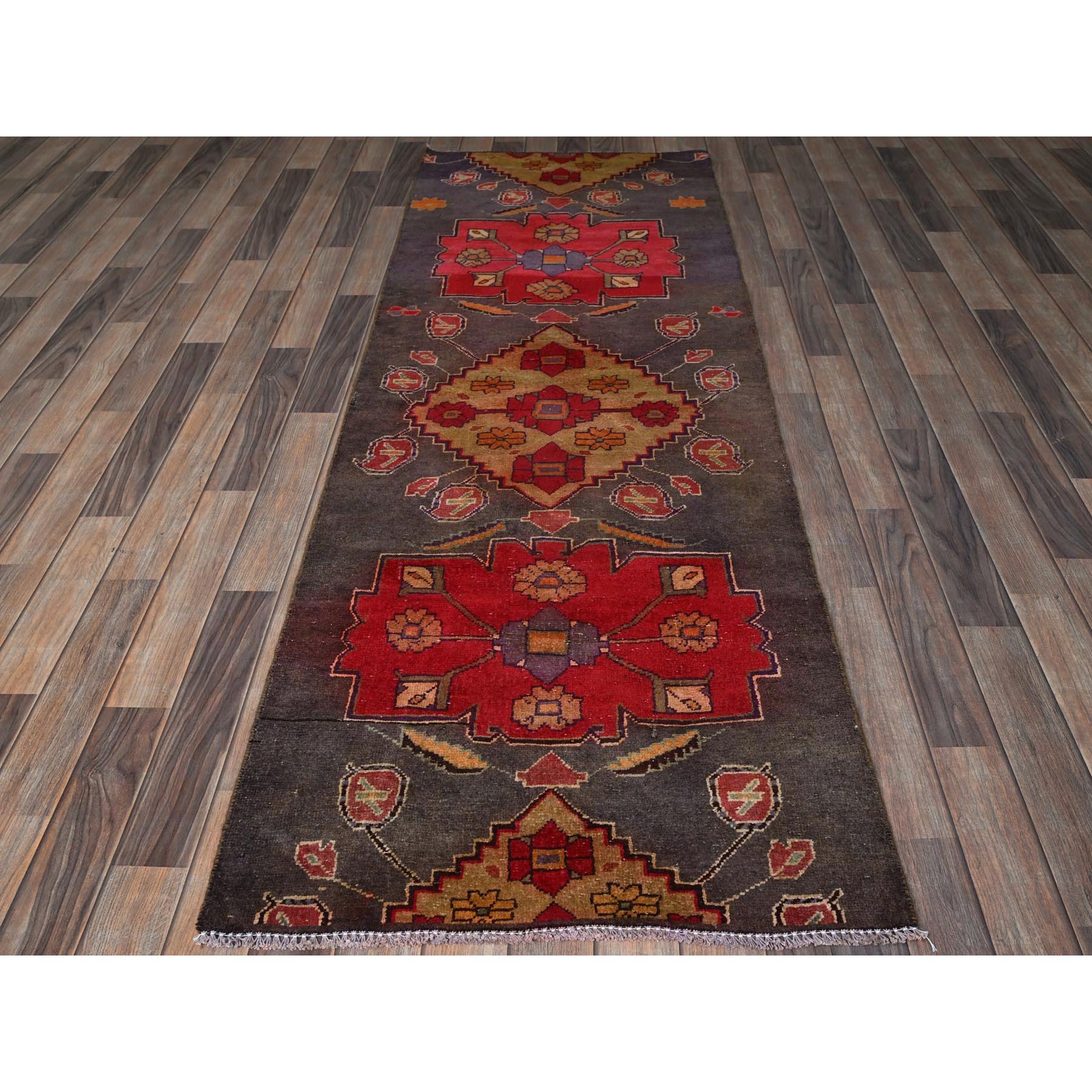 2'8"x7'10" Graphite Gray, Vintage Persian Hamadan with Geometric Medallions Design, Shaved Down, Zero Pile, Sides and Ends Professionally Secured, Hand Knotted, Pure Wool, Runner, Oriental Rug Sh796