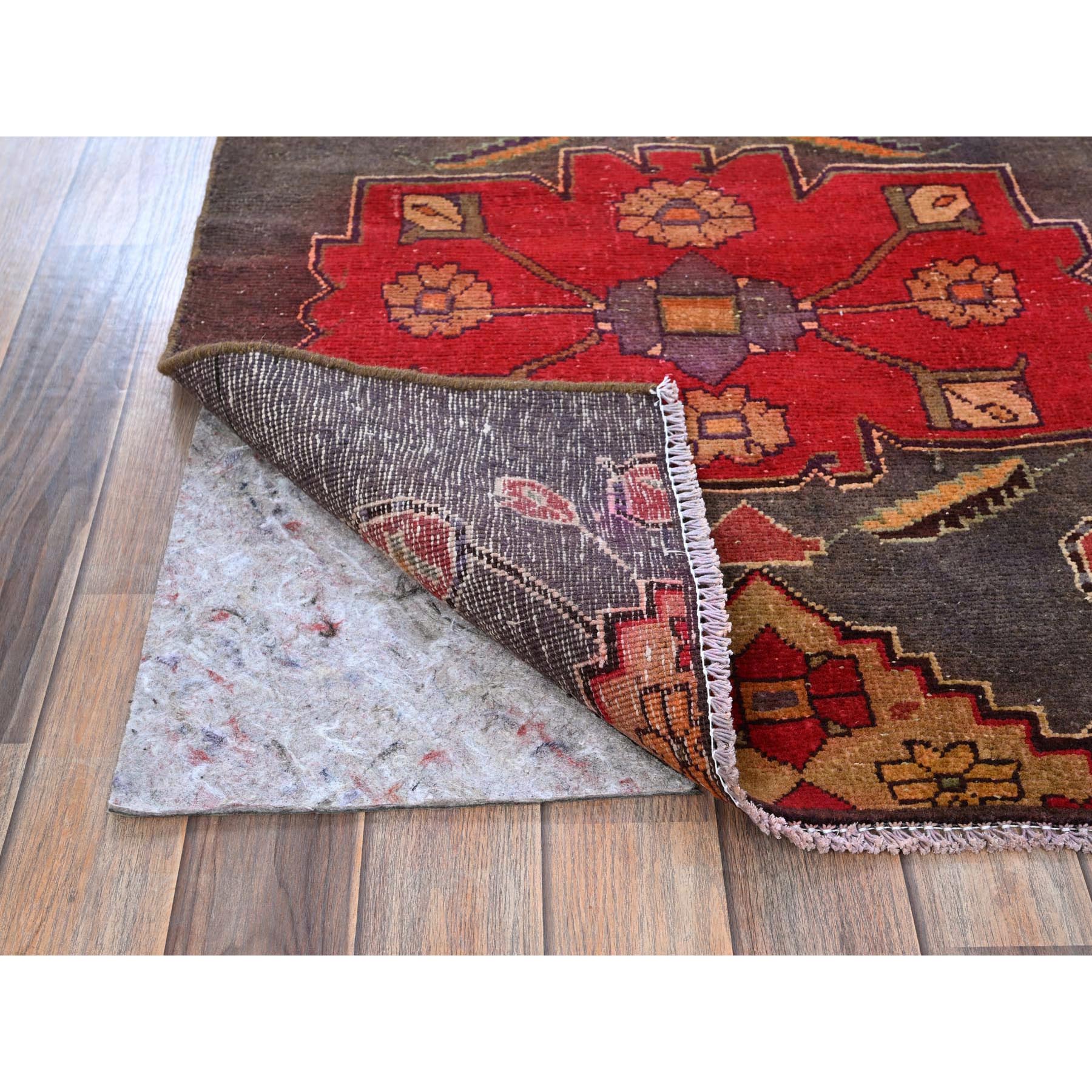 2'8"x7'10" Graphite Gray, Vintage Persian Hamadan with Geometric Medallions Design, Shaved Down, Zero Pile, Sides and Ends Professionally Secured, Hand Knotted, Pure Wool, Runner, Oriental Rug Sh796