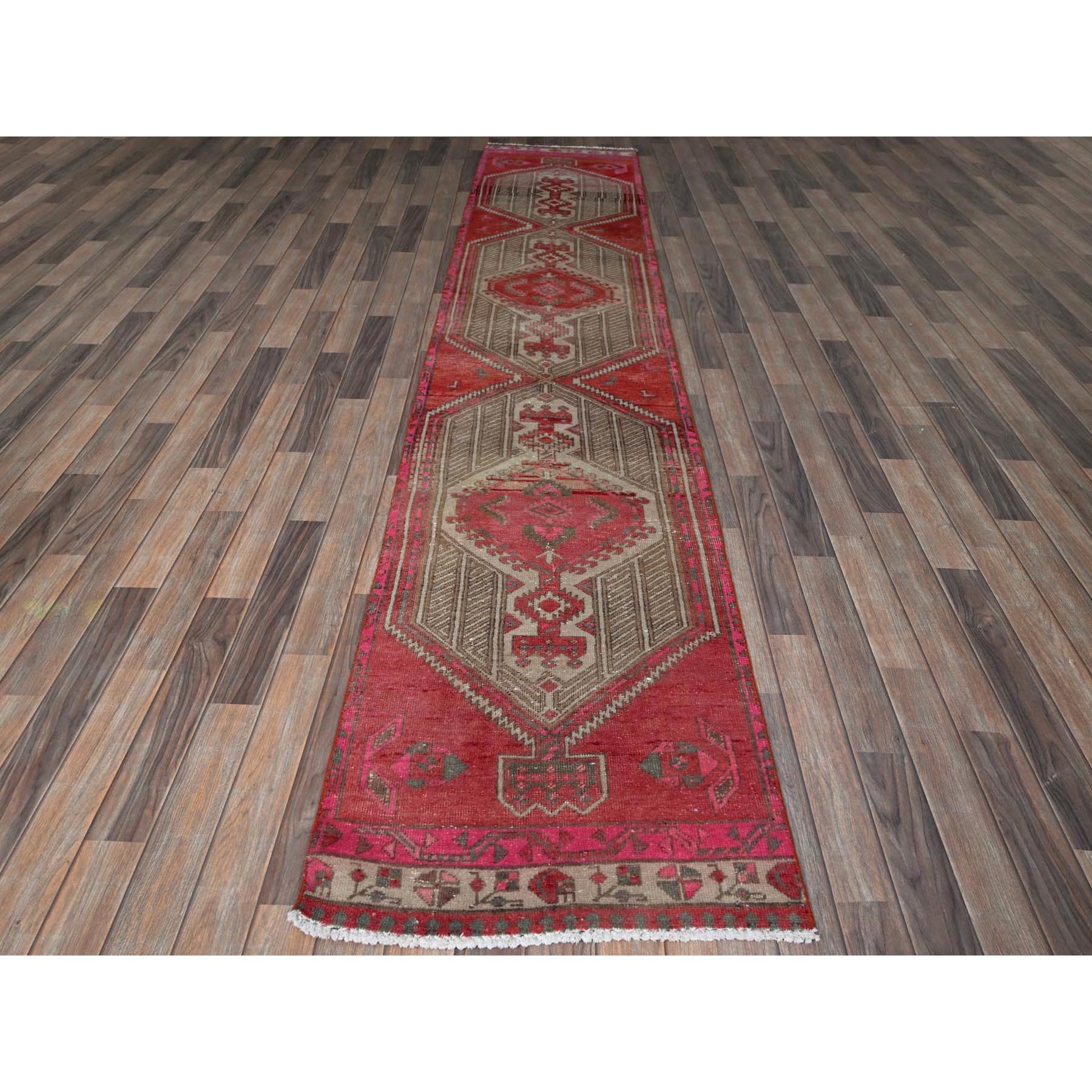 2'5"x11'10" Imperial Red, Overdyed Vintage Persian Serab with Geometric Pattern, Shaved Down, Zero Pile, Sides and Ends Professionally Secured, Hand Knotted, Pure Wool, Narrow Runner, Oriental Rug Sh797