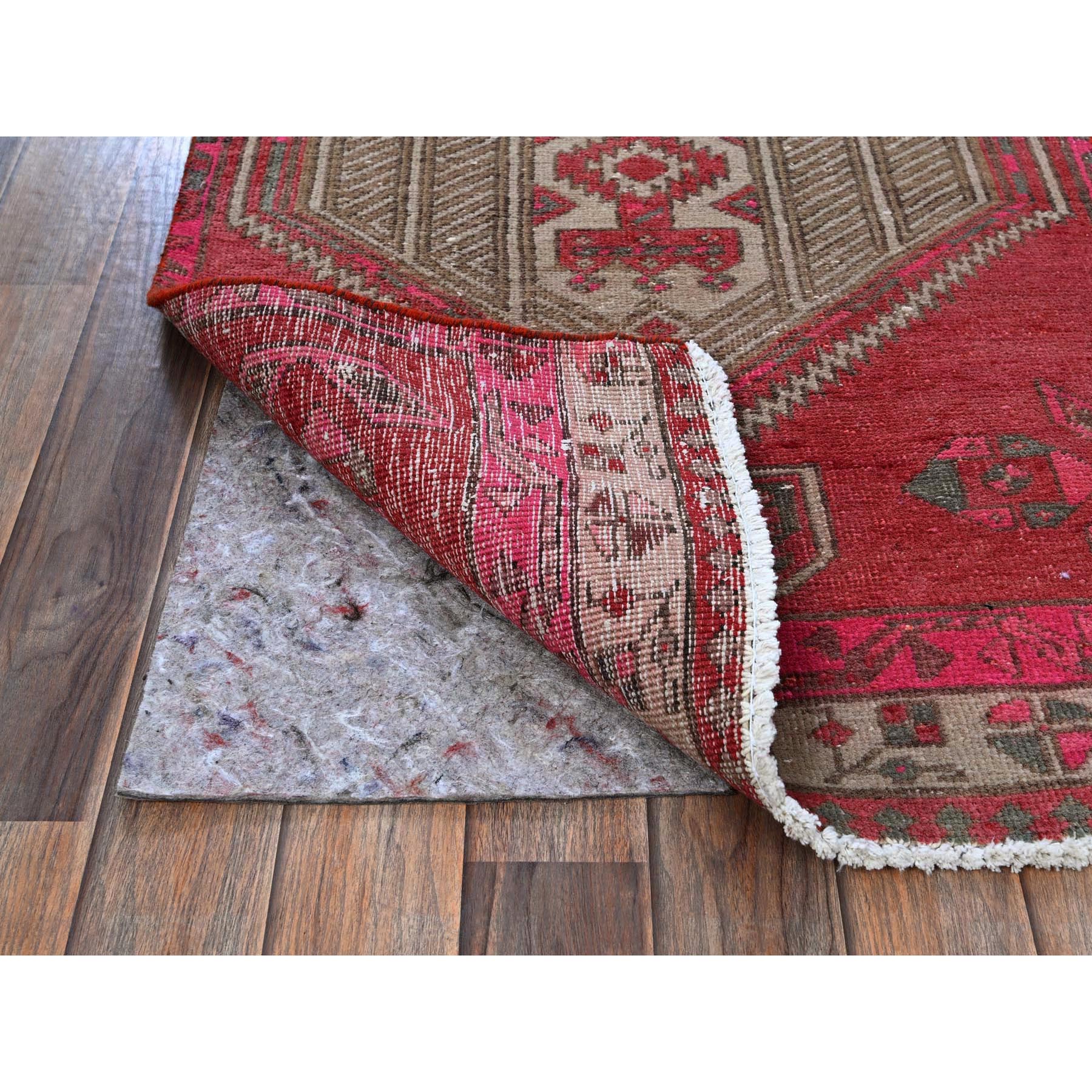 2'5"x11'10" Imperial Red, Overdyed Vintage Persian Serab with Geometric Pattern, Shaved Down, Zero Pile, Sides and Ends Professionally Secured, Hand Knotted, Pure Wool, Narrow Runner, Oriental Rug Sh797