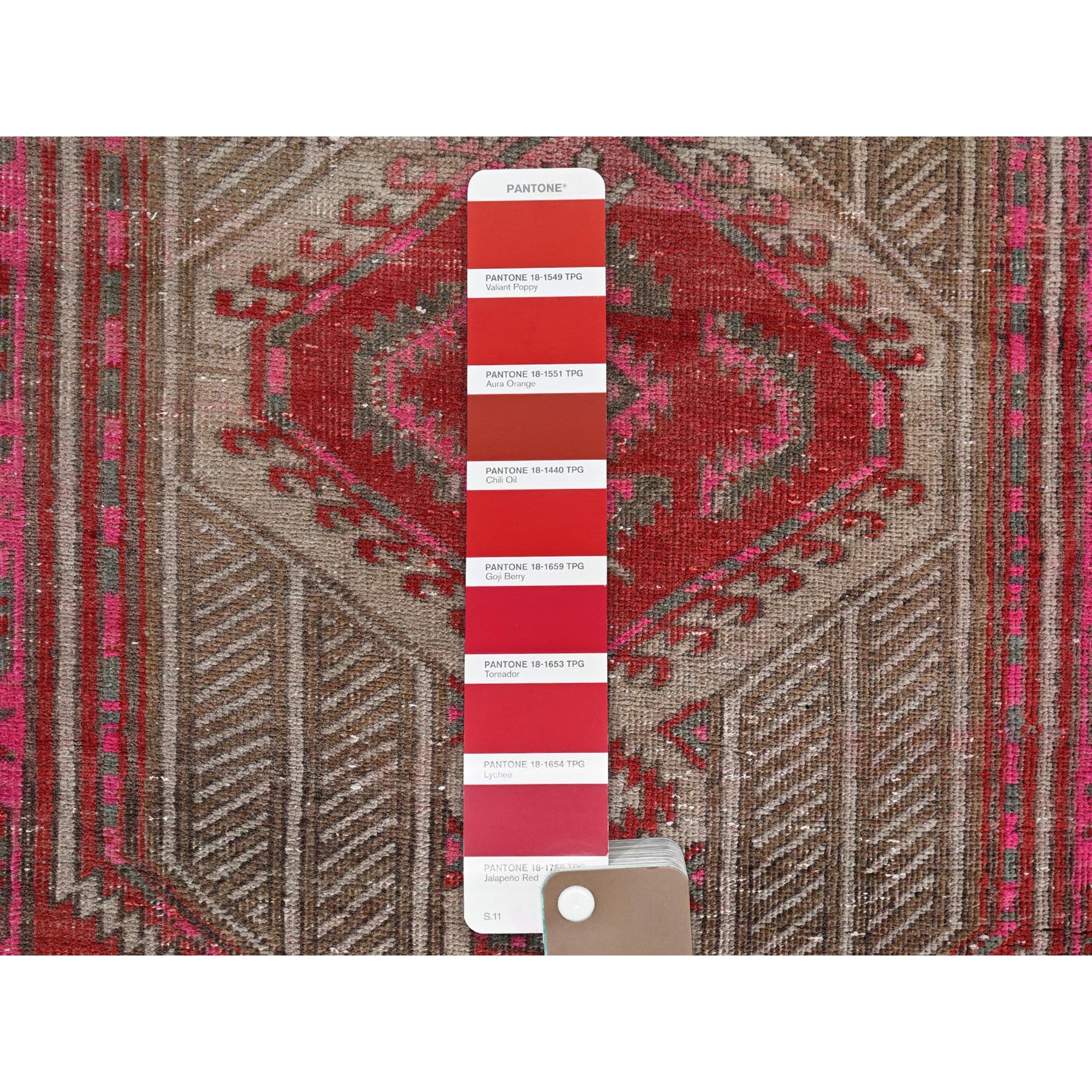 2'5"x11'10" Imperial Red, Overdyed Vintage Persian Serab with Geometric Pattern, Shaved Down, Zero Pile, Sides and Ends Professionally Secured, Hand Knotted, Pure Wool, Narrow Runner, Oriental Rug Sh797