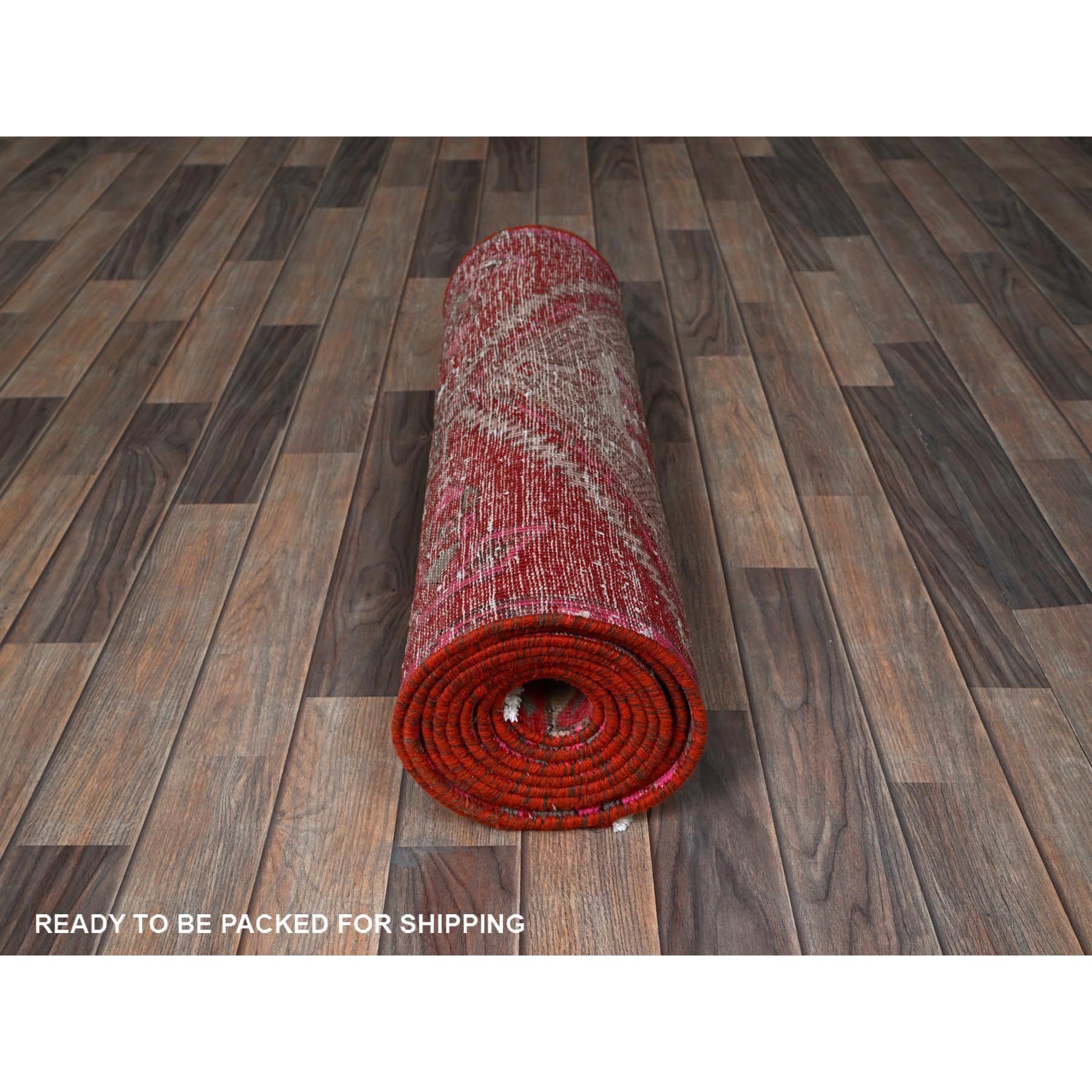 2'5"x11'10" Imperial Red, Overdyed Vintage Persian Serab with Geometric Pattern, Shaved Down, Zero Pile, Sides and Ends Professionally Secured, Hand Knotted, Pure Wool, Narrow Runner, Oriental Rug Sh797