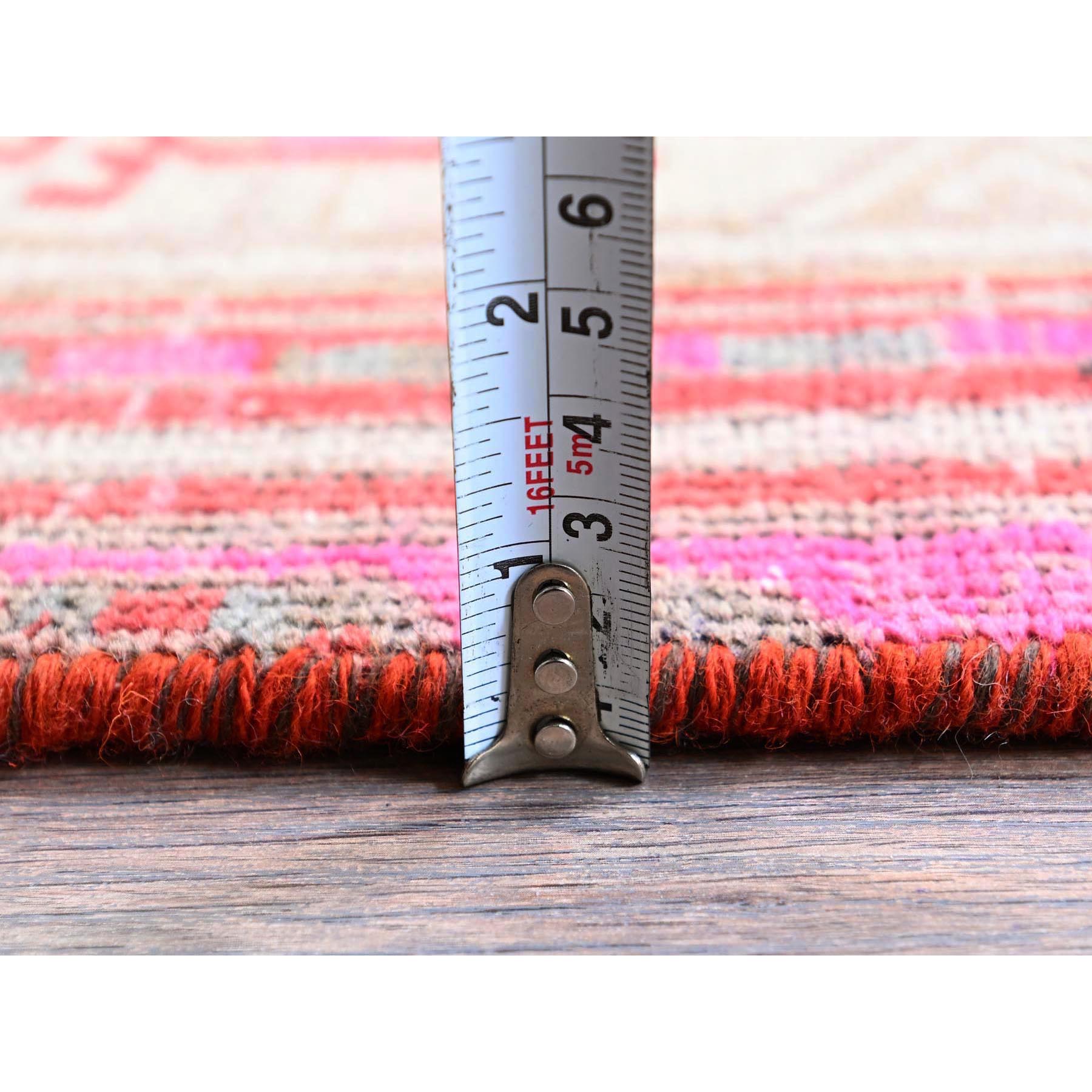 2'5"x11'10" Imperial Red, Overdyed Vintage Persian Serab with Geometric Pattern, Shaved Down, Zero Pile, Sides and Ends Professionally Secured, Hand Knotted, Pure Wool, Narrow Runner, Oriental Rug Sh797