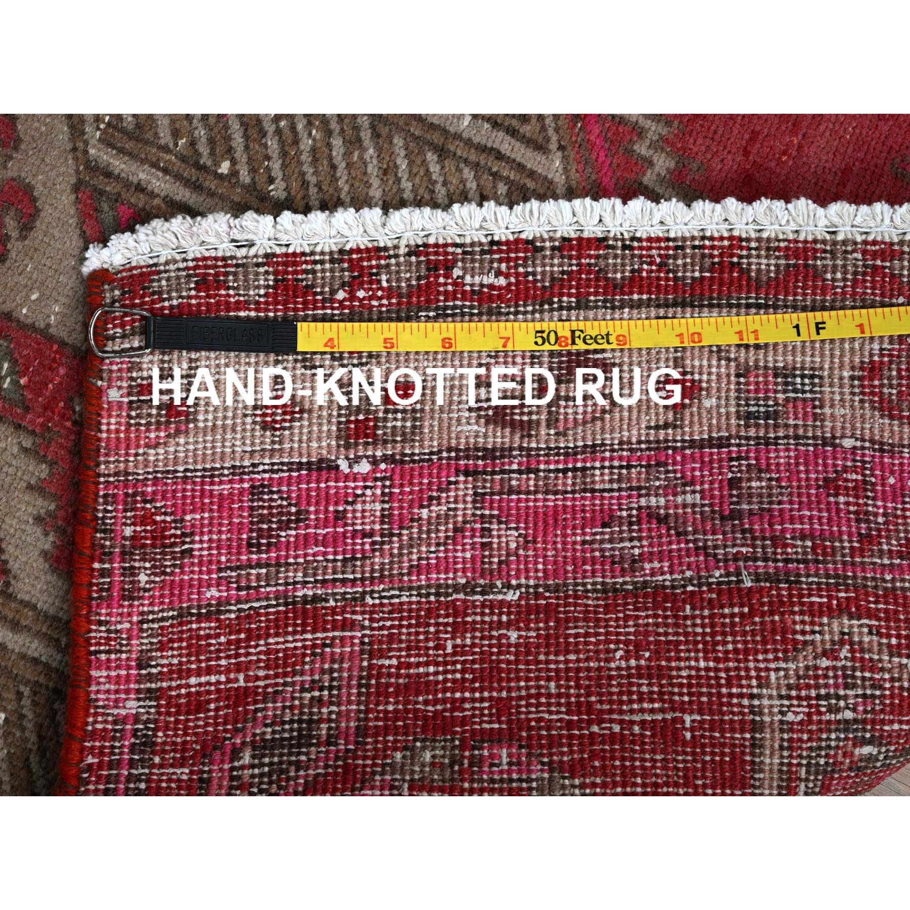 2'5"x11'10" Imperial Red, Overdyed Vintage Persian Serab with Geometric Pattern, Shaved Down, Zero Pile, Sides and Ends Professionally Secured, Hand Knotted, Pure Wool, Narrow Runner, Oriental Rug Sh797