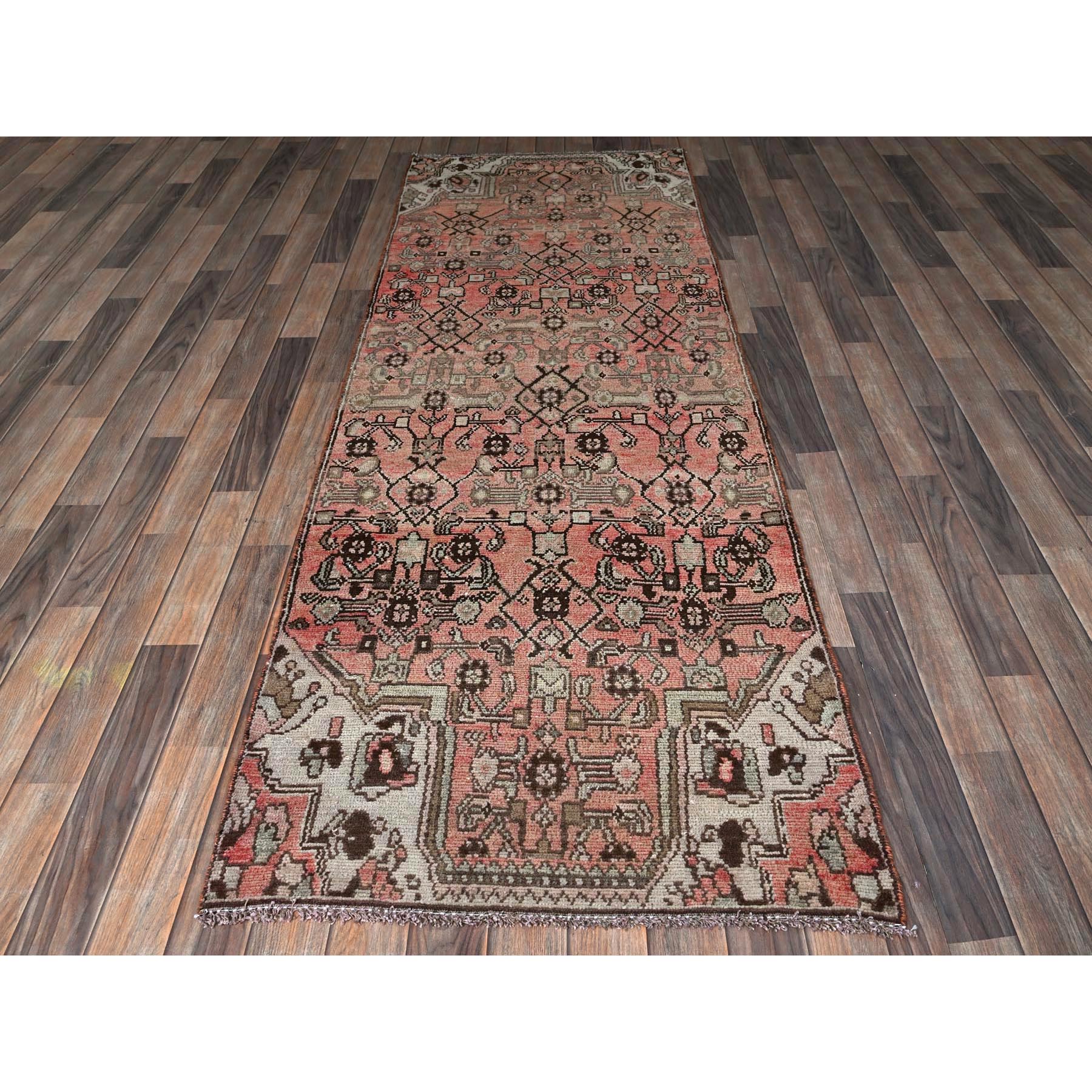 3'x8'6" Faded Red with Distinct Abrash, Vintage Persian Hamadan with Geometric Small Herat Fish Design, Hand Knotted, 100% Wool, Sheared Low, Zero Pile, Sides and Ends Professionally Secured, Runner, Oriental Rug Sh798