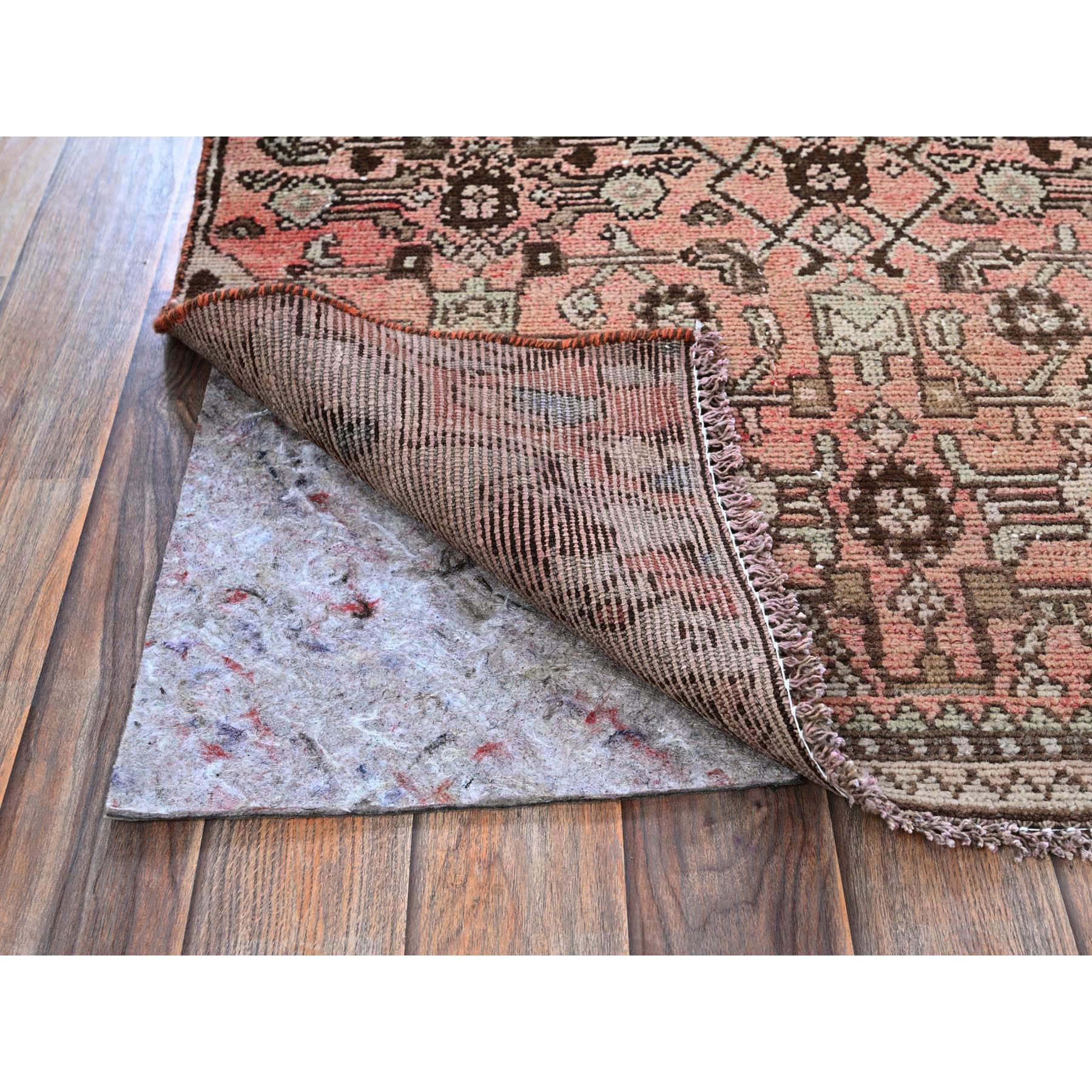 3'x8'6" Faded Red with Distinct Abrash, Vintage Persian Hamadan with Geometric Small Herat Fish Design, Hand Knotted, 100% Wool, Sheared Low, Zero Pile, Sides and Ends Professionally Secured, Runner, Oriental Rug Sh798