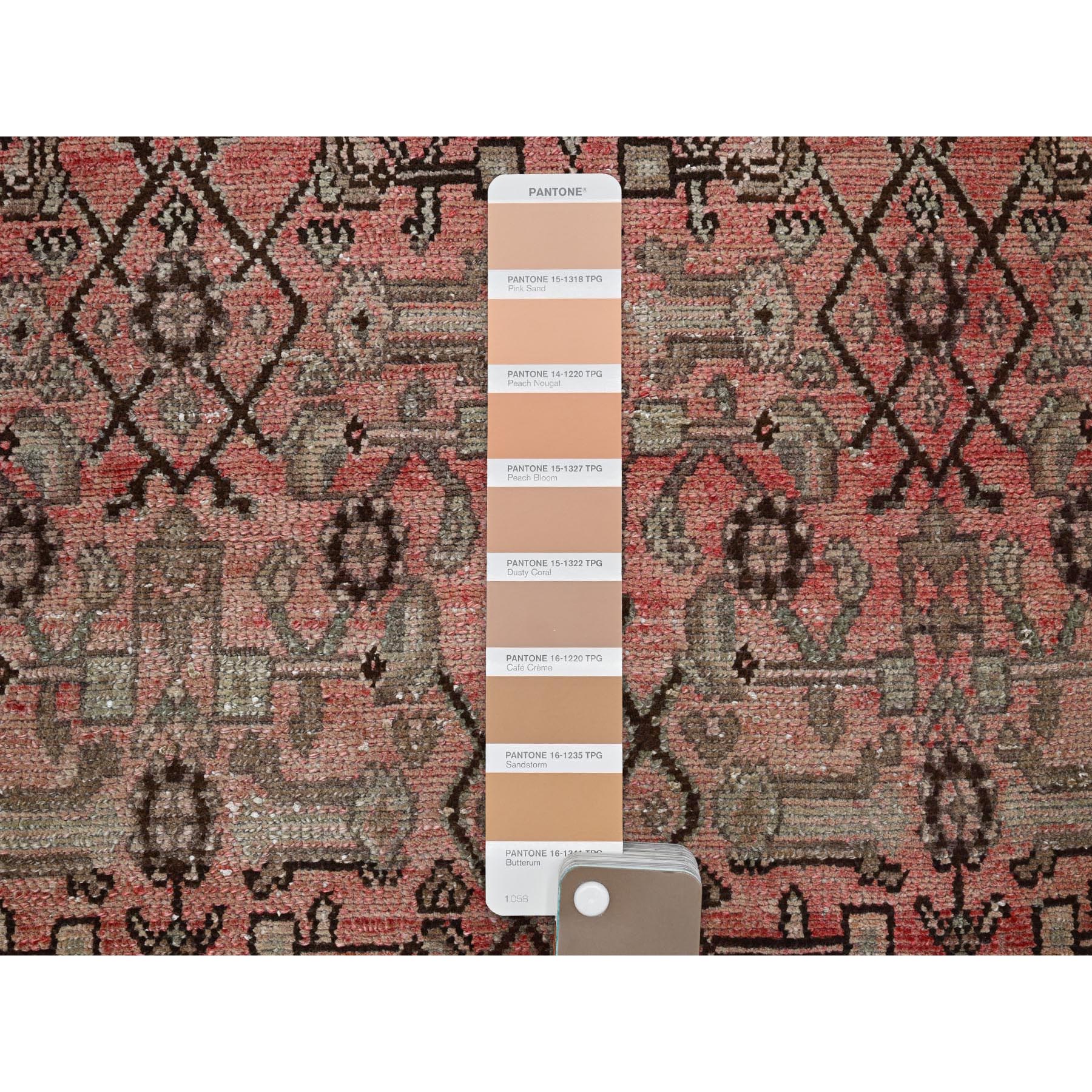 3'x8'6" Faded Red with Distinct Abrash, Vintage Persian Hamadan with Geometric Small Herat Fish Design, Hand Knotted, 100% Wool, Sheared Low, Zero Pile, Sides and Ends Professionally Secured, Runner, Oriental Rug Sh798