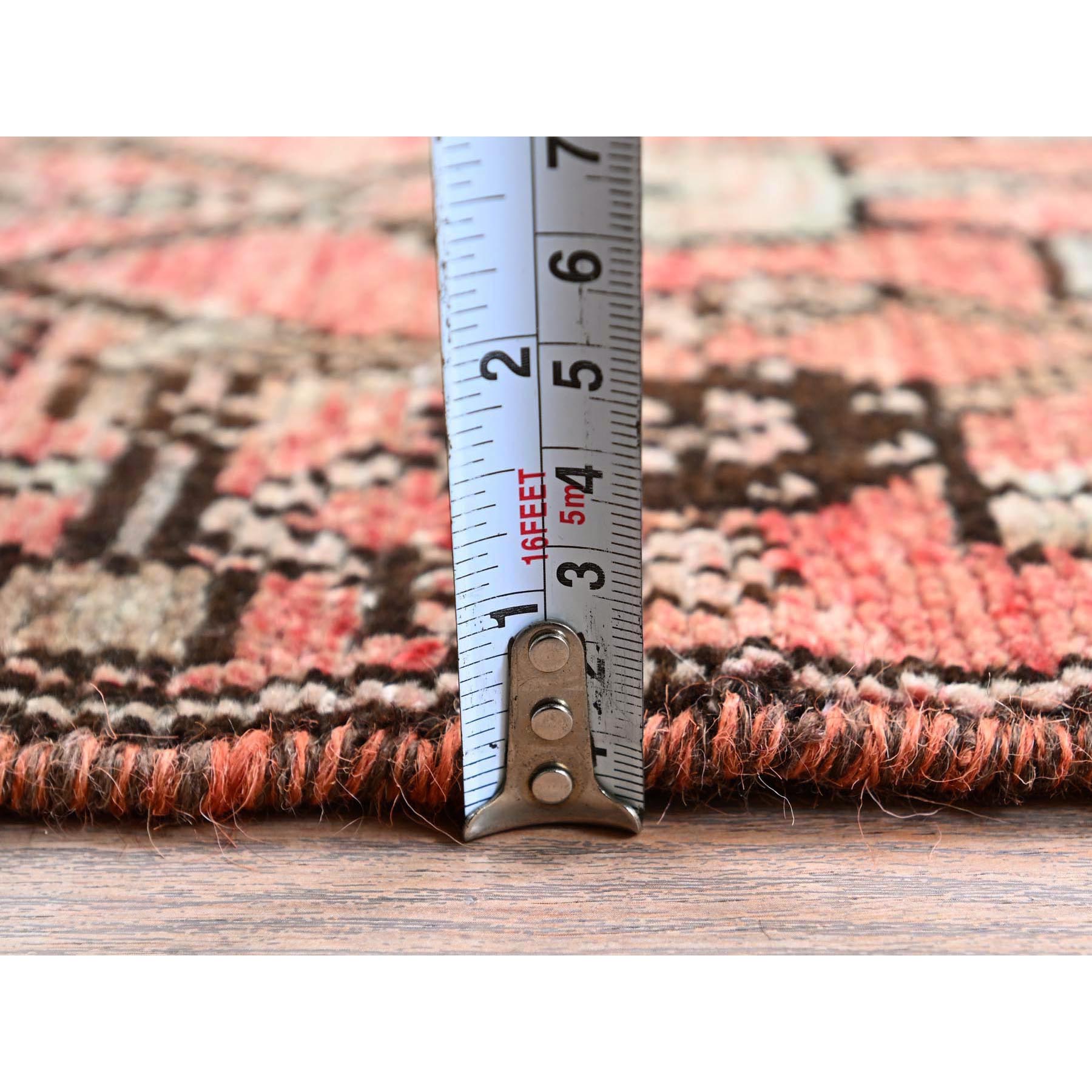 3'x8'6" Faded Red with Distinct Abrash, Vintage Persian Hamadan with Geometric Small Herat Fish Design, Hand Knotted, 100% Wool, Sheared Low, Zero Pile, Sides and Ends Professionally Secured, Runner, Oriental Rug Sh798