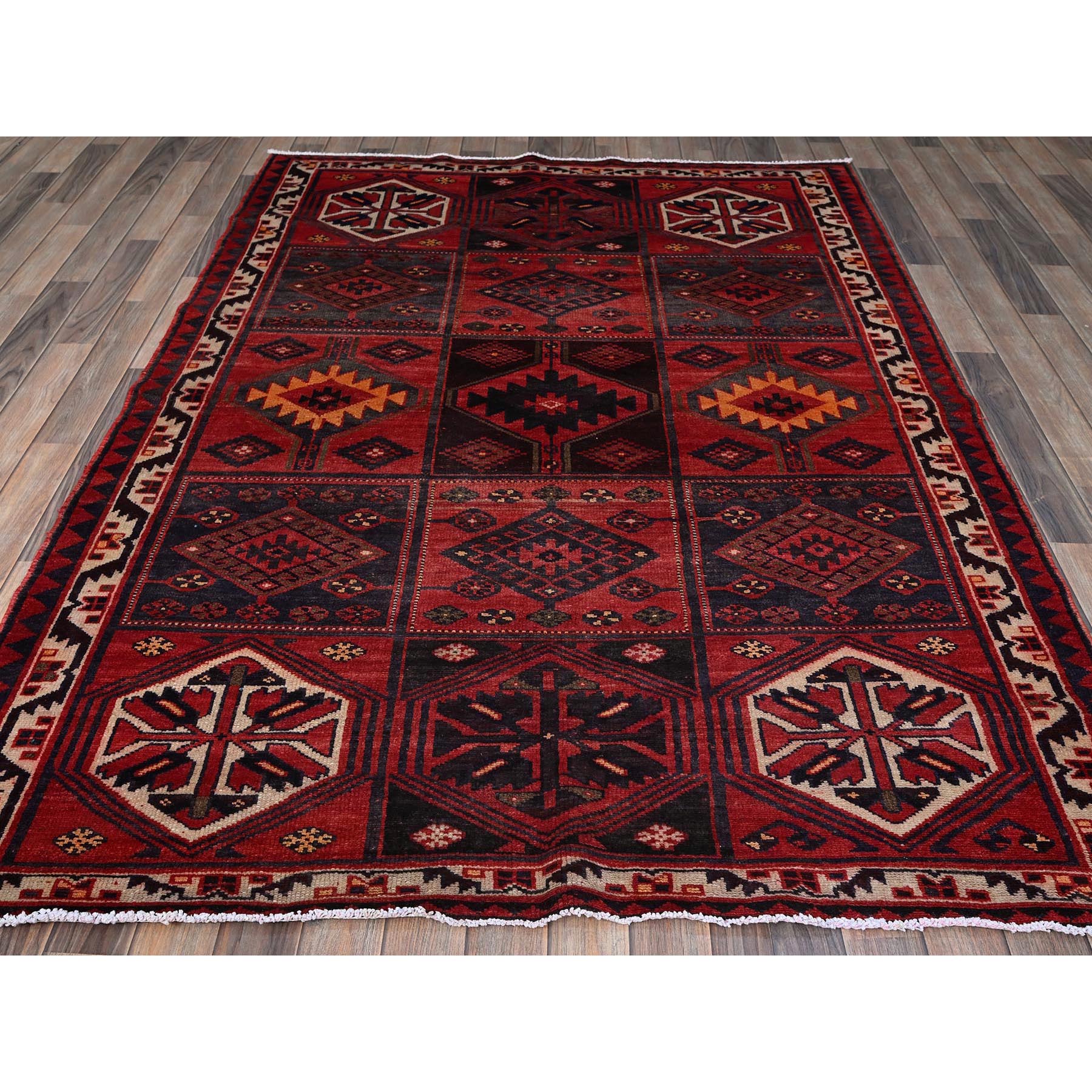 5'5"x7'7" Scarlet Red, Semi Antique Persian Shiraz with Garden Compartment Block Design, Shaved Down, Zero Pile, Sides and Ends Professionally Secured, Hand Knotted, Pure Wool, Oriental Rug Sh800