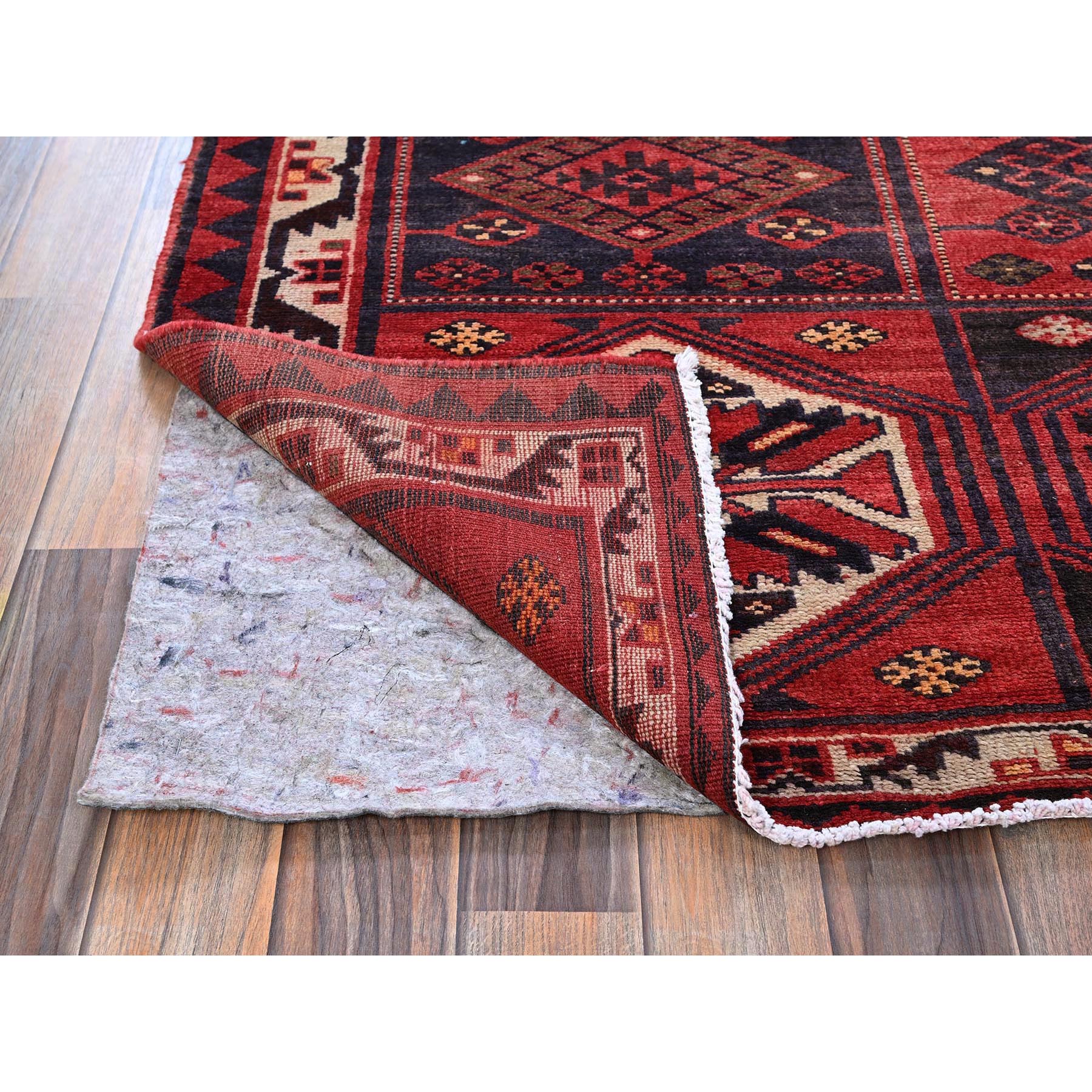 5'5"x7'7" Scarlet Red, Semi Antique Persian Shiraz with Garden Compartment Block Design, Shaved Down, Zero Pile, Sides and Ends Professionally Secured, Hand Knotted, Pure Wool, Oriental Rug Sh800