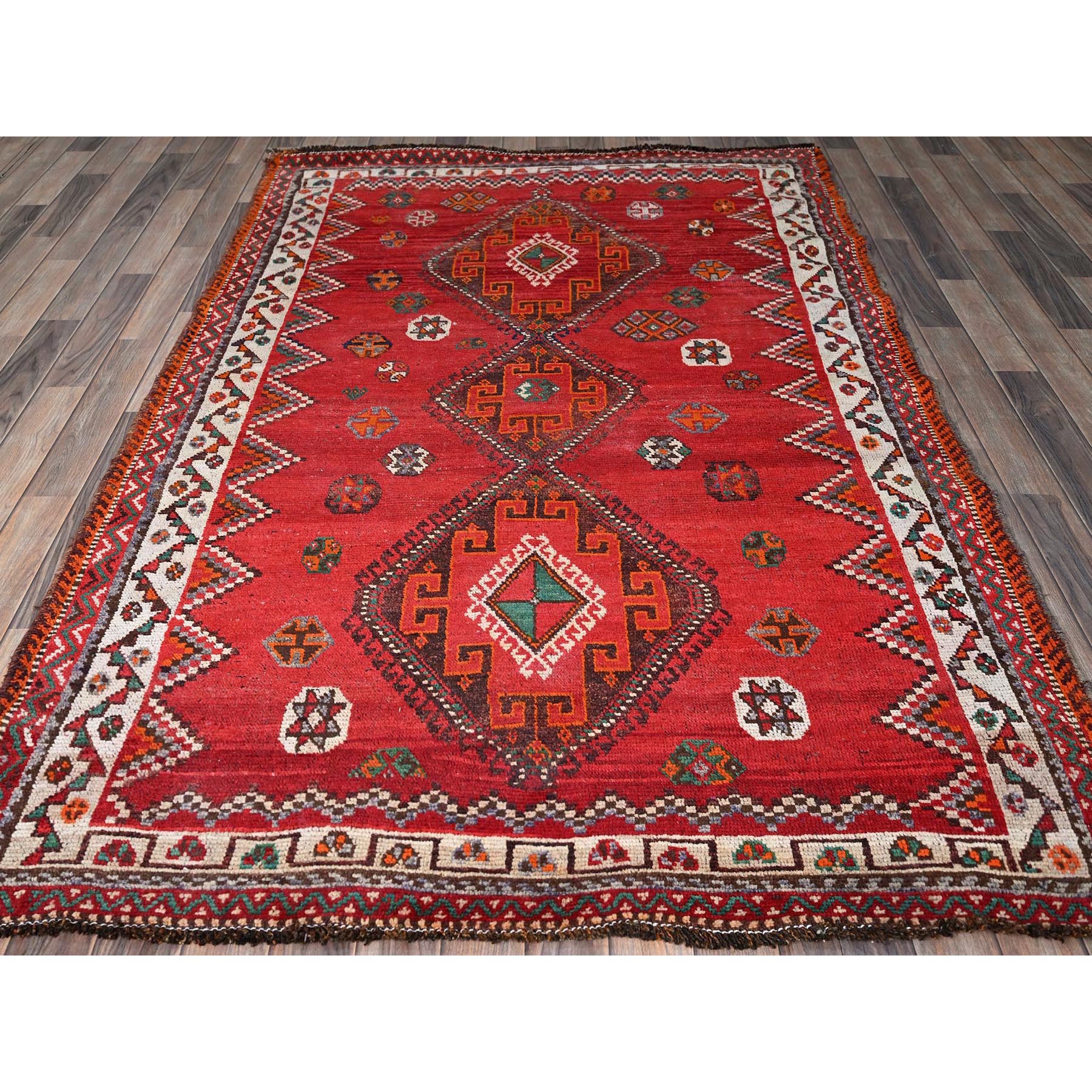 5'x7'7" Ajax Red, Vintage Persian Shiraz with Geometric Design, Shaved Down, Zero Pile, Sides and Ends Professionally Secured, Hand Knotted, Pure Wool, Oriental Rug Sh801