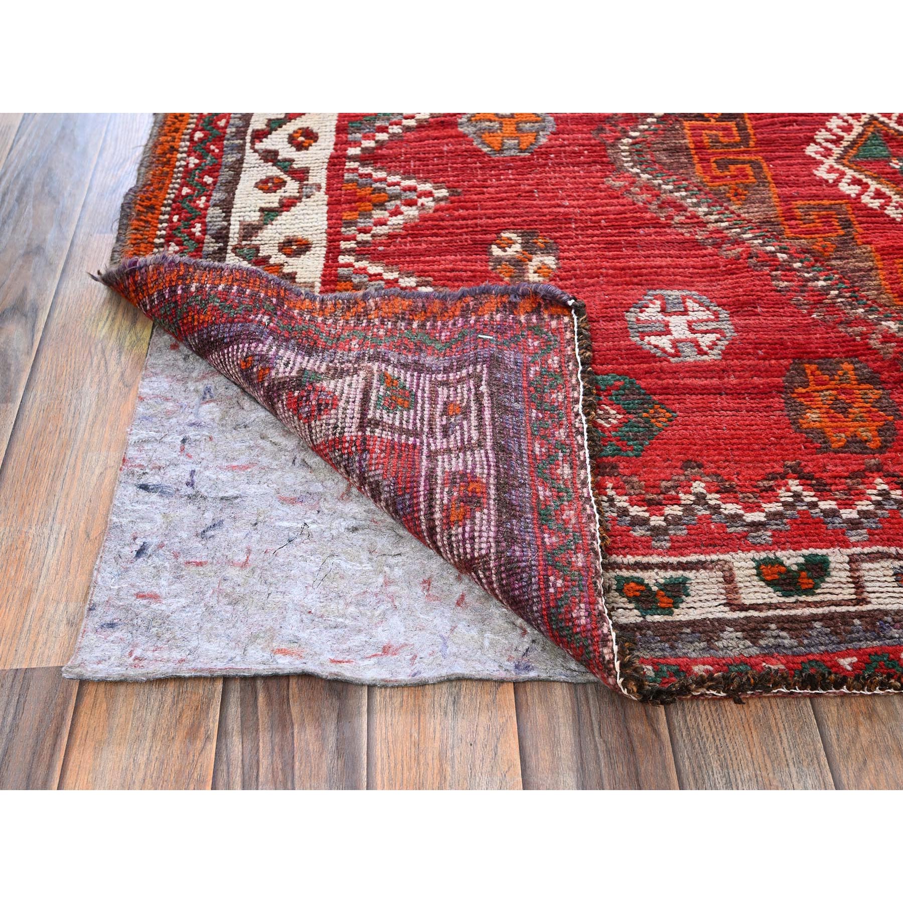 5'x7'7" Ajax Red, Vintage Persian Shiraz with Geometric Design, Shaved Down, Zero Pile, Sides and Ends Professionally Secured, Hand Knotted, Pure Wool, Oriental Rug Sh801
