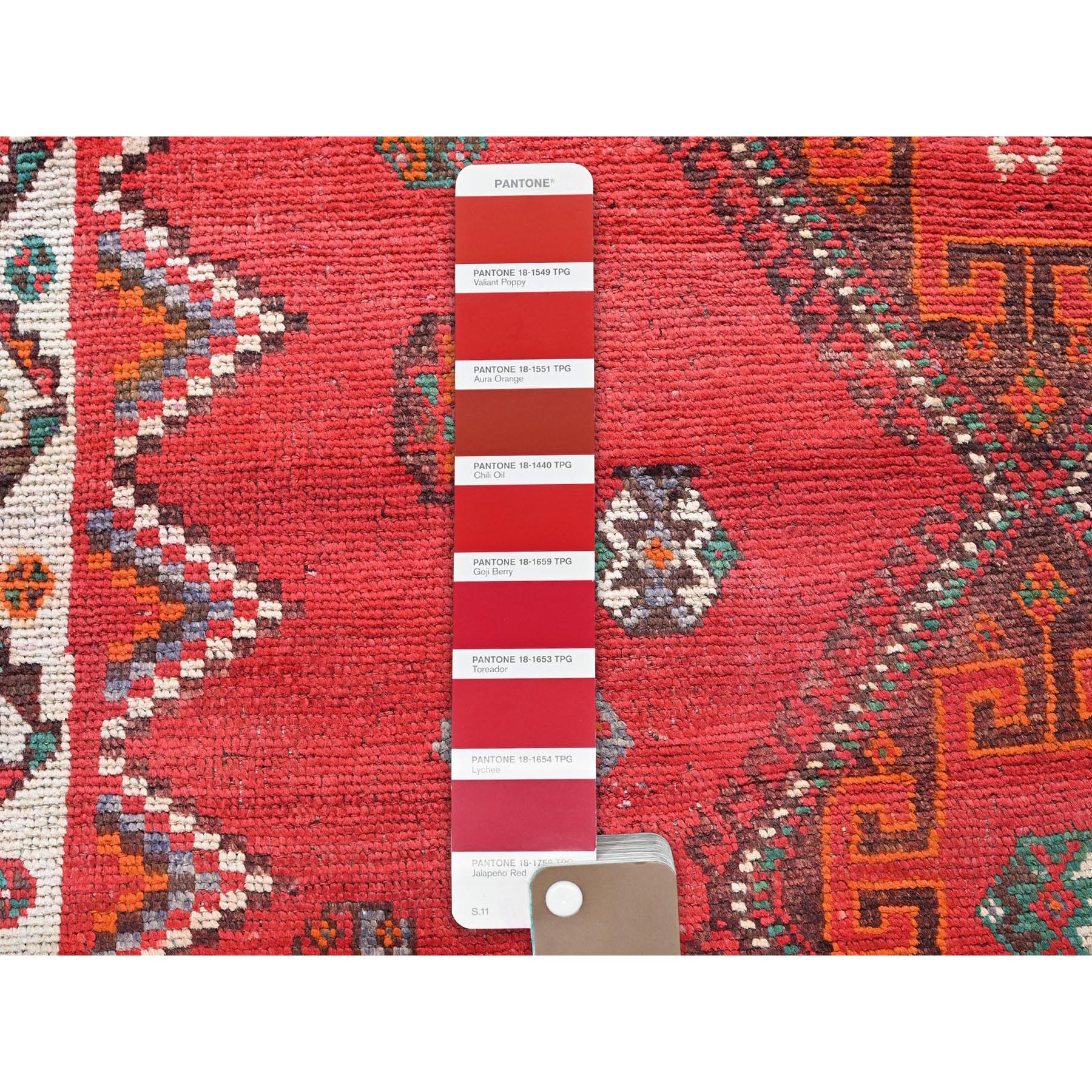 5'x7'7" Ajax Red, Vintage Persian Shiraz with Geometric Design, Shaved Down, Zero Pile, Sides and Ends Professionally Secured, Hand Knotted, Pure Wool, Oriental Rug Sh801