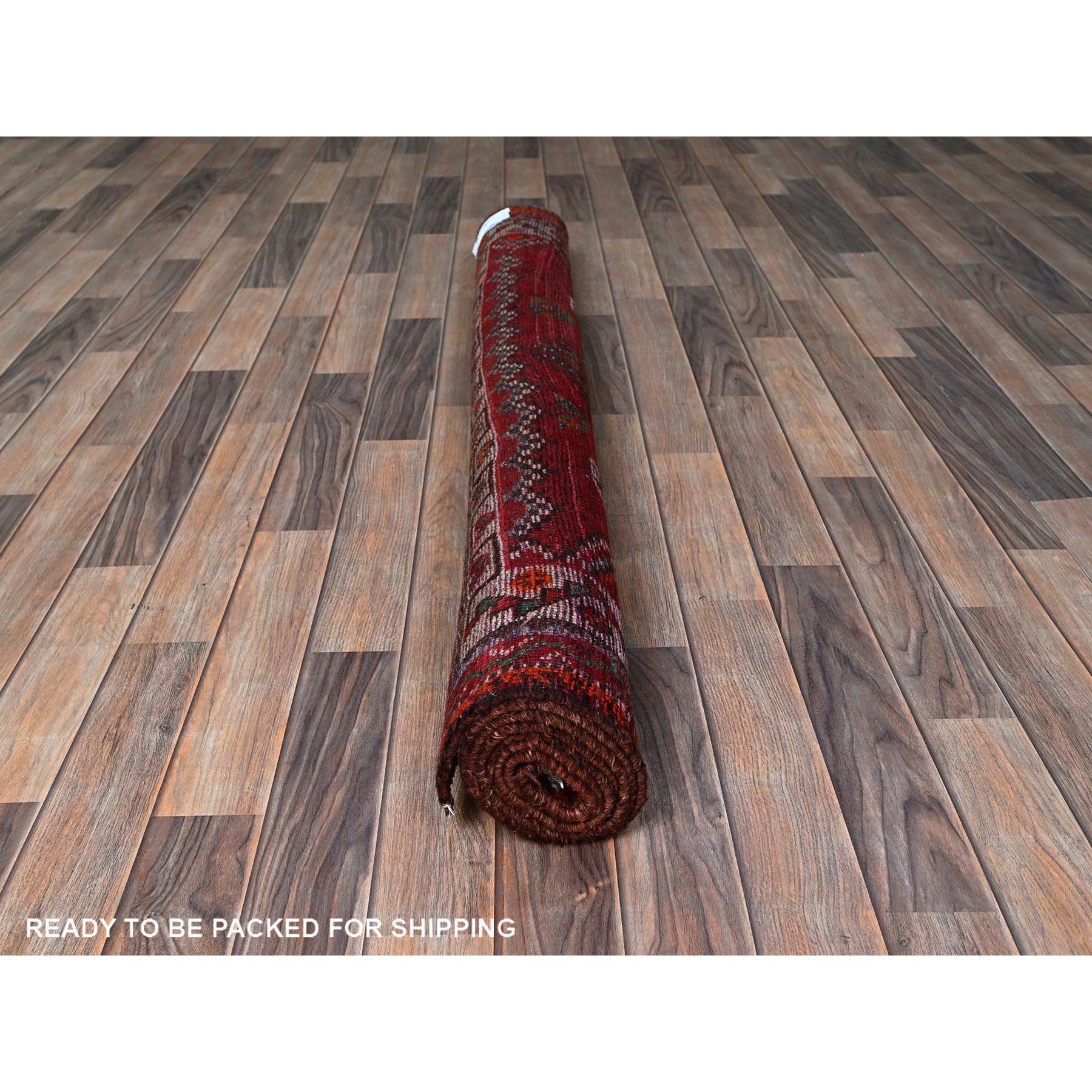 5'x7'7" Ajax Red, Vintage Persian Shiraz with Geometric Design, Shaved Down, Zero Pile, Sides and Ends Professionally Secured, Hand Knotted, Pure Wool, Oriental Rug Sh801