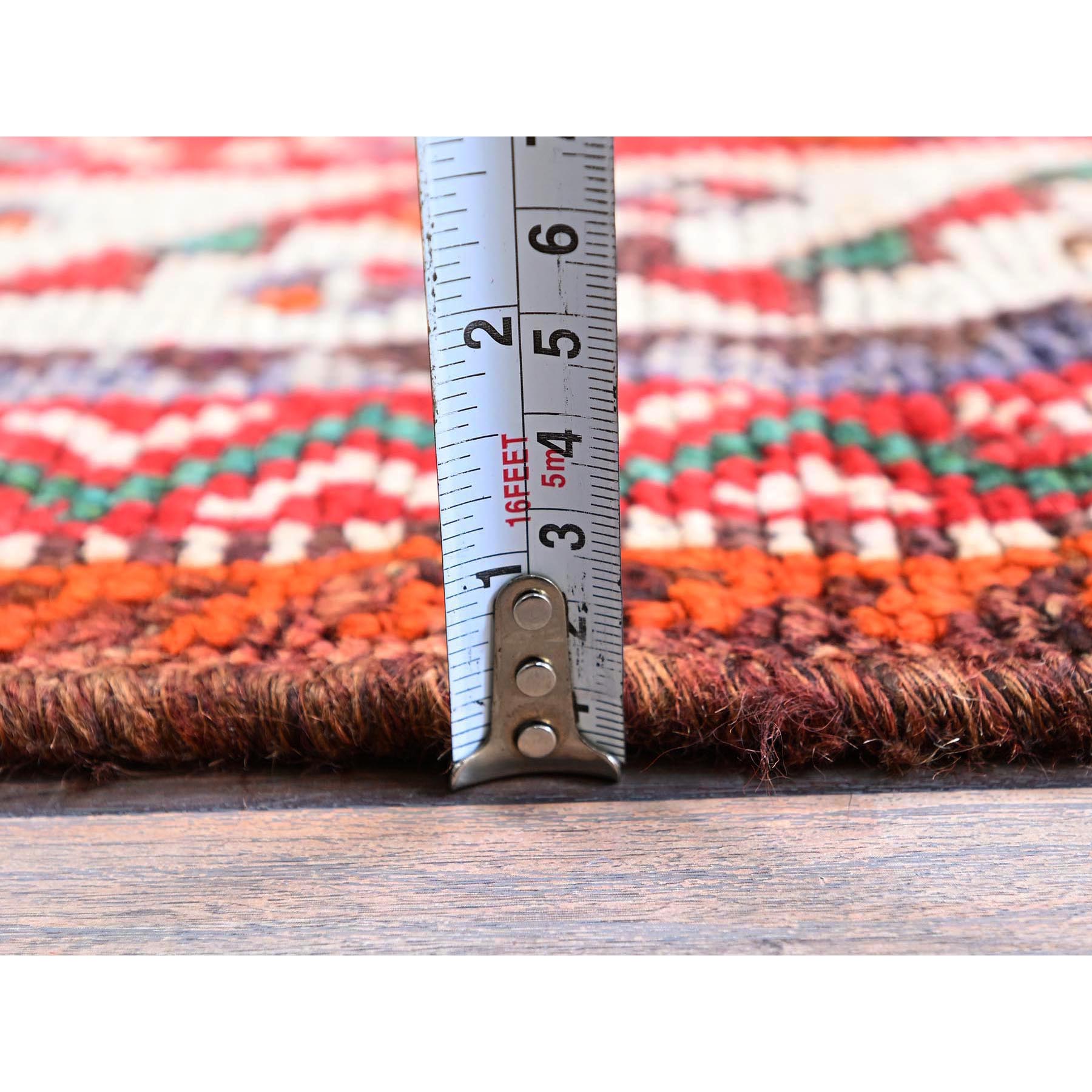 5'x7'7" Ajax Red, Vintage Persian Shiraz with Geometric Design, Shaved Down, Zero Pile, Sides and Ends Professionally Secured, Hand Knotted, Pure Wool, Oriental Rug Sh801