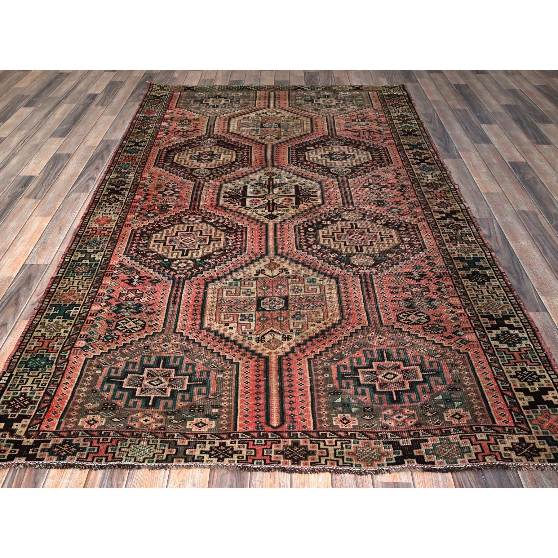 5'2"x8' Blush Red, Semi Antique Persian Shiraz with Geometric Pattern, Shaved Down, Zero Pile, Sides and Ends Professionally Secured, Hand Knotted, Pure Wool, Oriental Rug Sh803