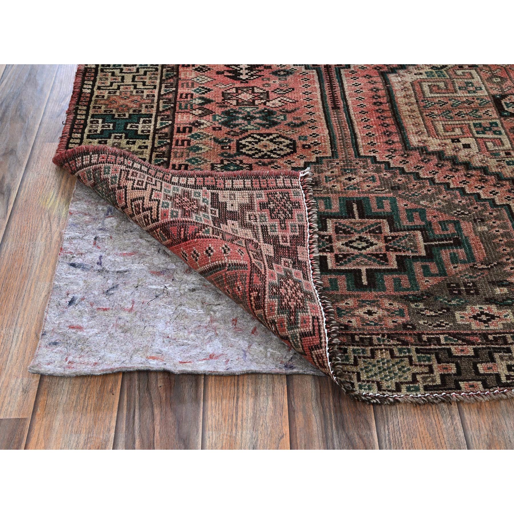 5'2"x8' Blush Red, Semi Antique Persian Shiraz with Geometric Pattern, Shaved Down, Zero Pile, Sides and Ends Professionally Secured, Hand Knotted, Pure Wool, Oriental Rug Sh803
